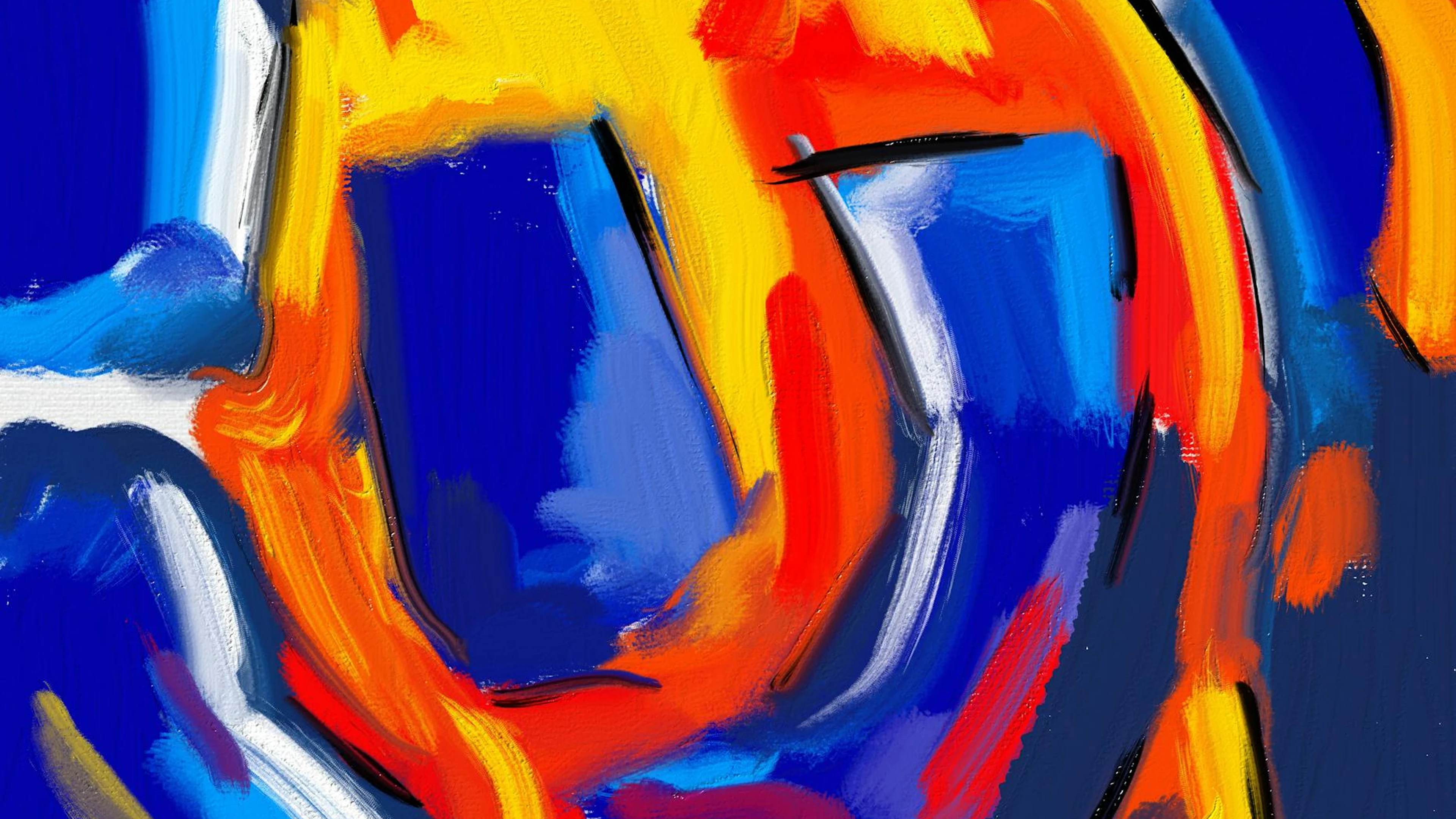 Dynamic abstract expressionist artwork featuring bold blues, oranges, and yellow - free 4K Ultra HD abstract wallpaper for desktop