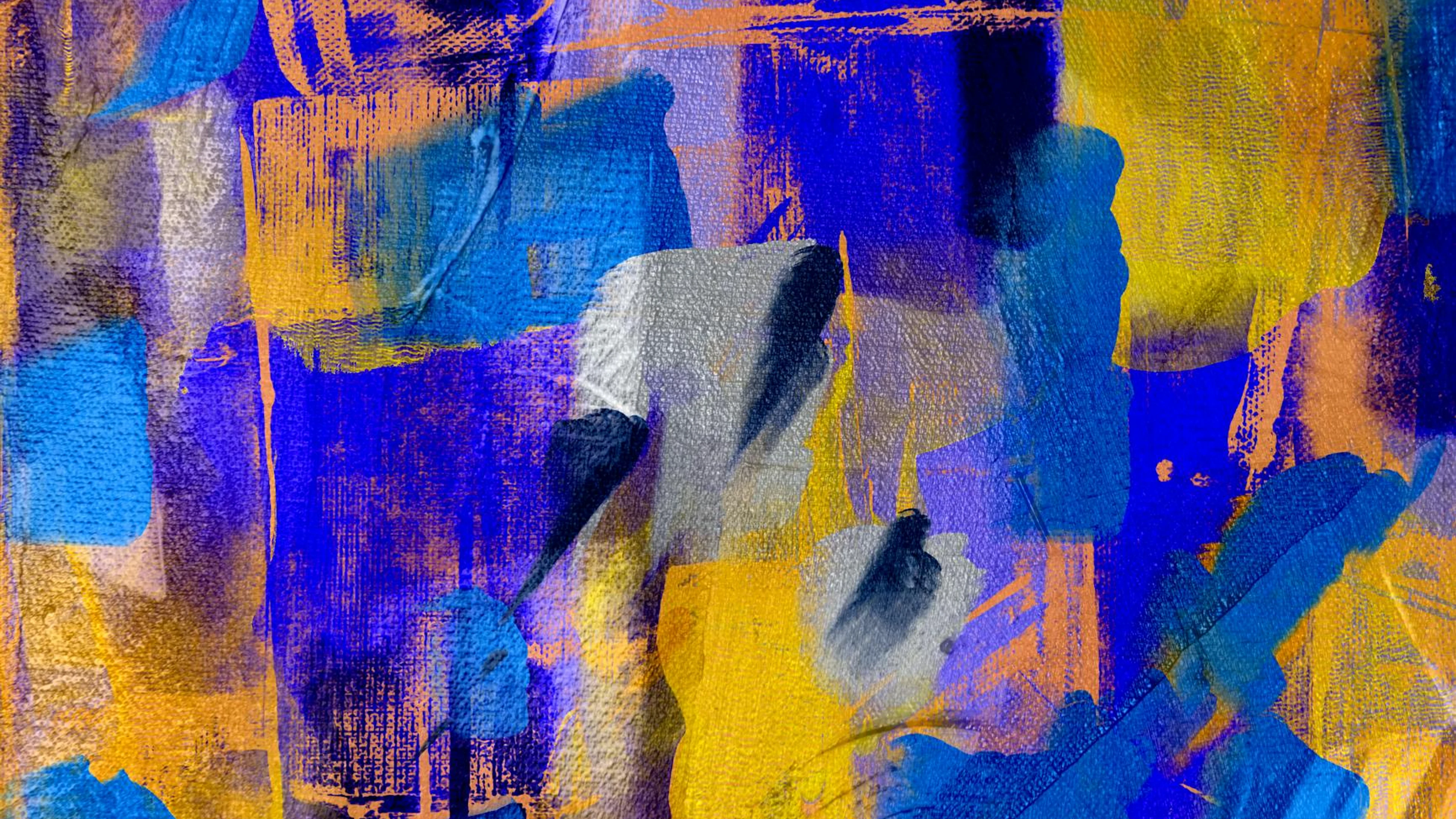 Dynamic abstract painting with rich blue and gold textures creating a vibrant ex - free 4K Ultra HD abstract wallpaper for desktop