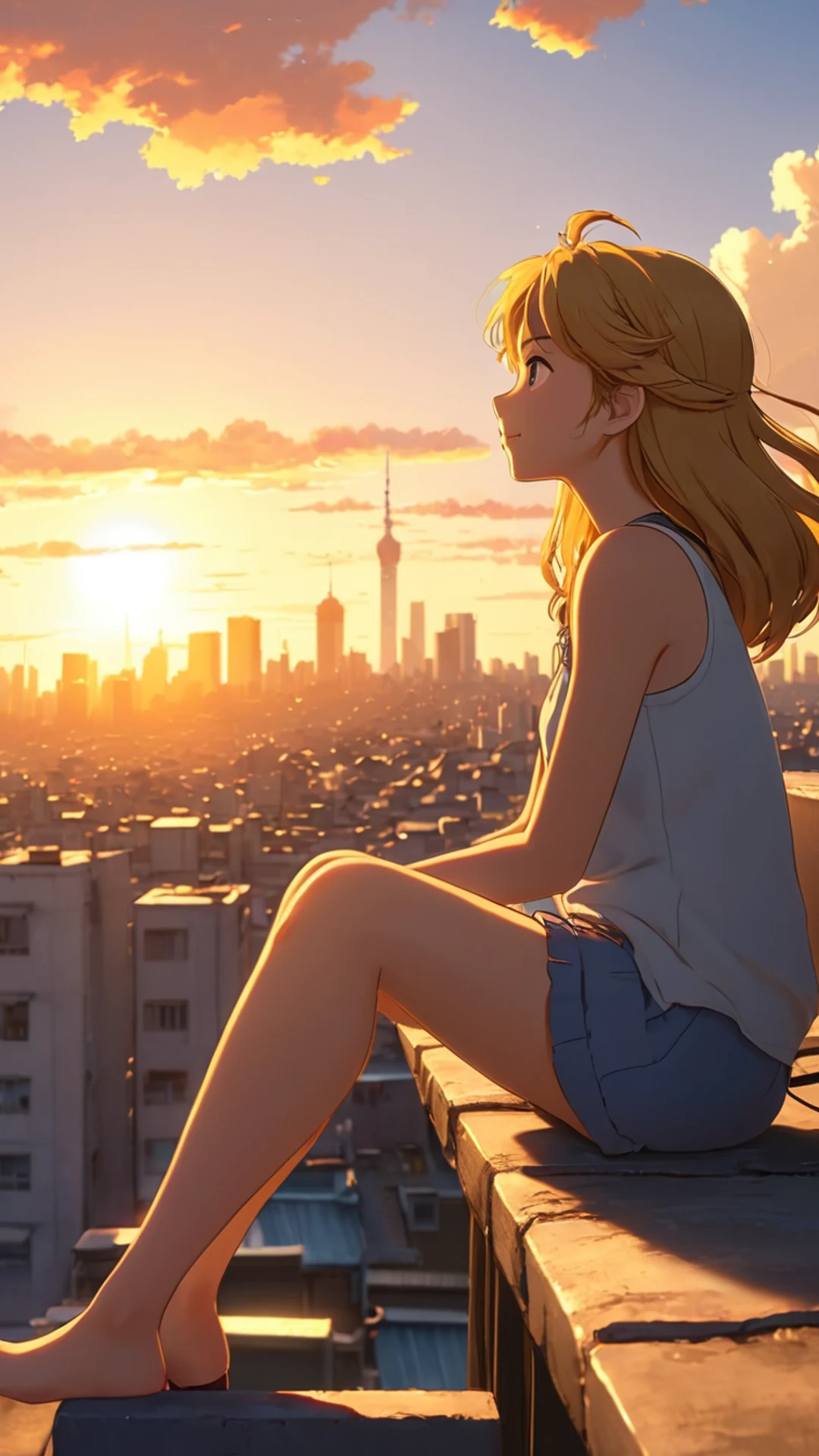 Anime Girl Watching Sunset City - free Phone anime wallpaper for phone