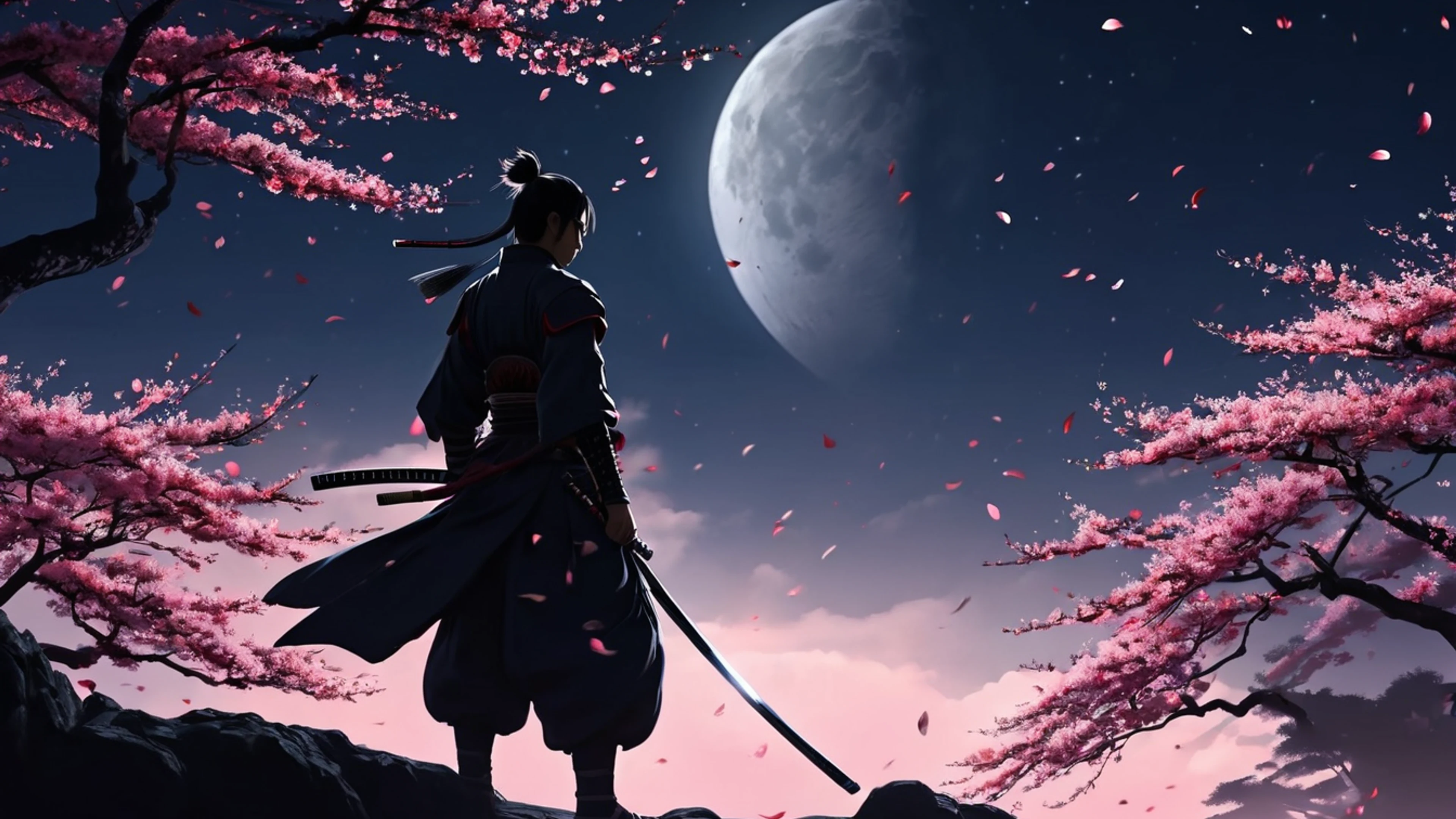 Anime Samurai Under Moon - free 4K Ultra HD anime wallpaper for desktop
