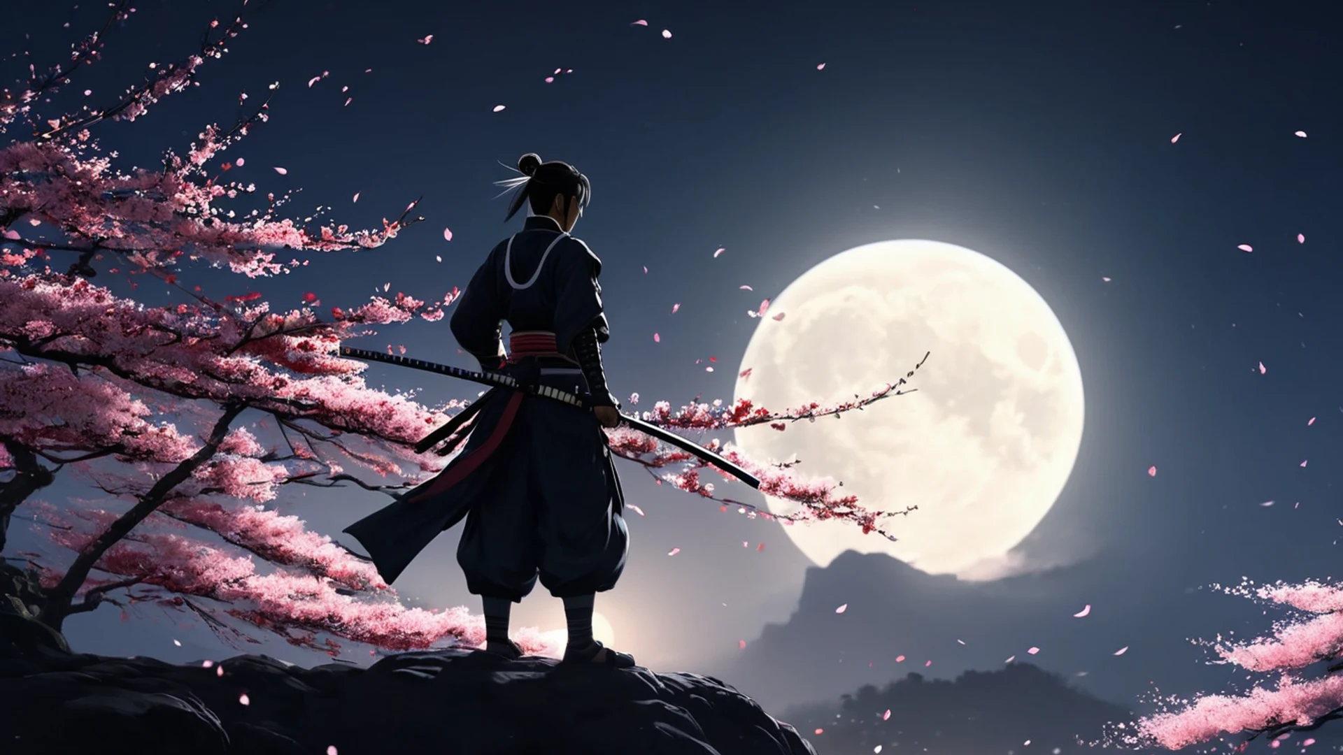 Anime Samurai Under Moon - free hd anime wallpaper for desktop