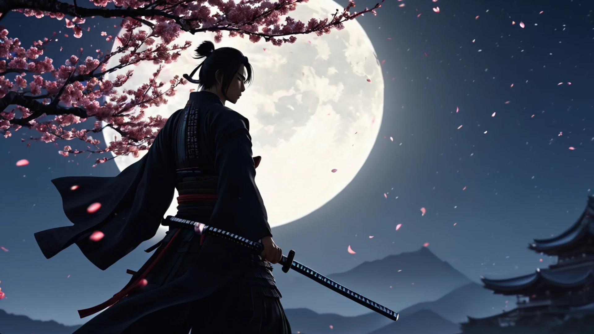 Anime Samurai Under Moon - free hd anime wallpaper for desktop