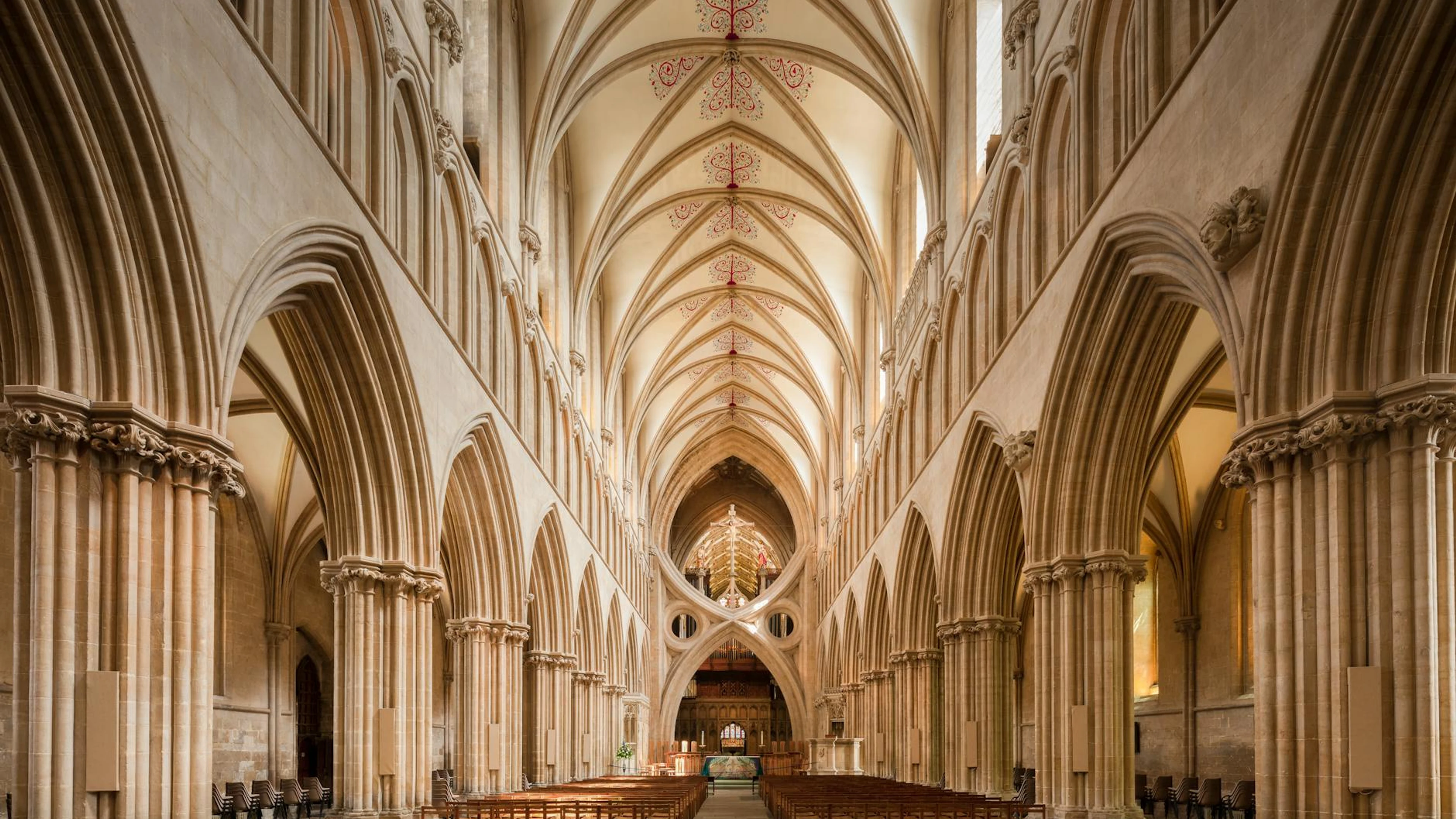 A stunning view of the Gothic architecture inside Wells Cathedral, Somerset. - free 4K Ultra HD architecture wallpaper for desktop