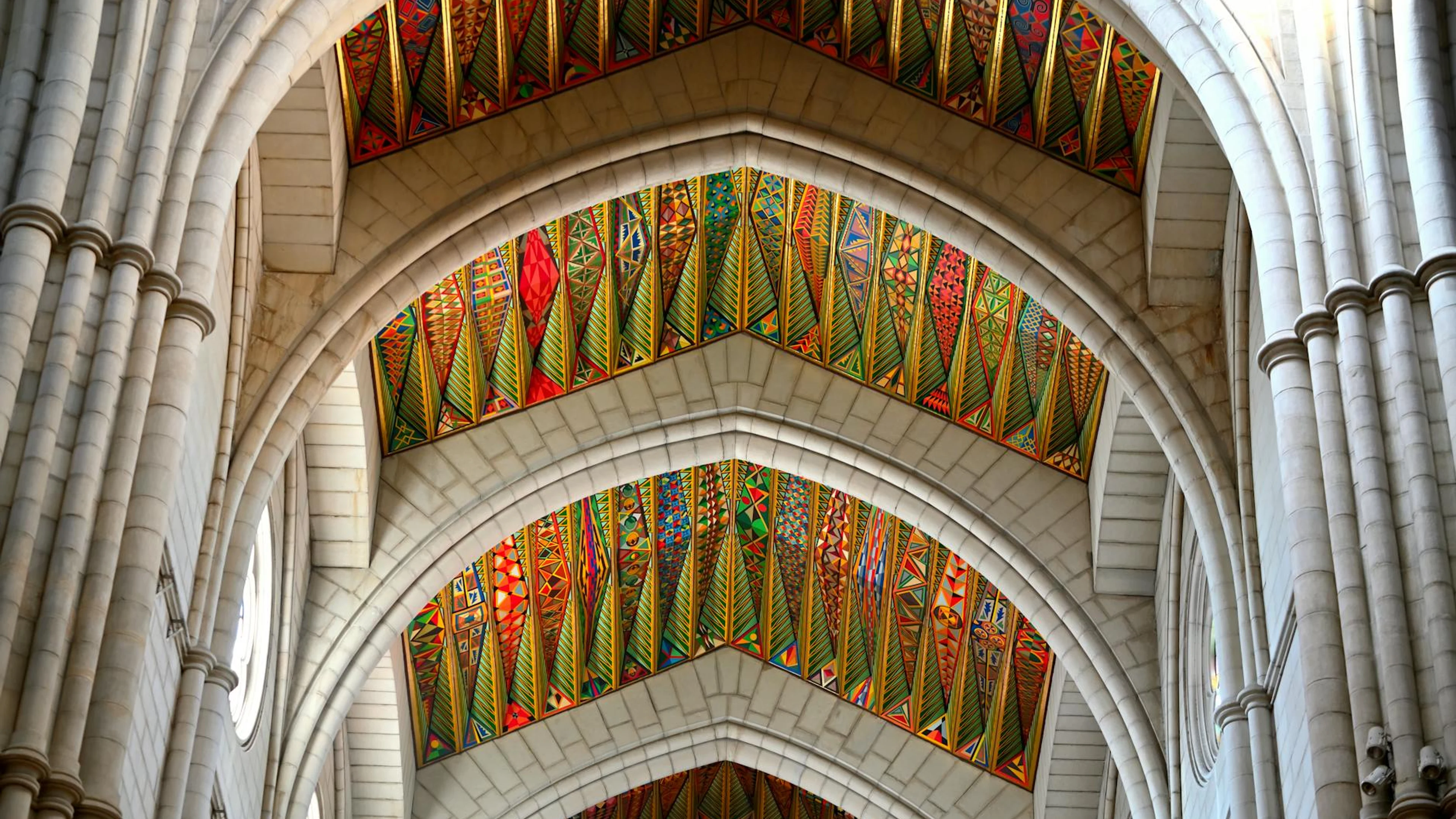 Colorful patterned ceilings of Almudena Cathedral in Madrid, Spain. - free 4K Ultra HD architecture wallpaper for desktop
