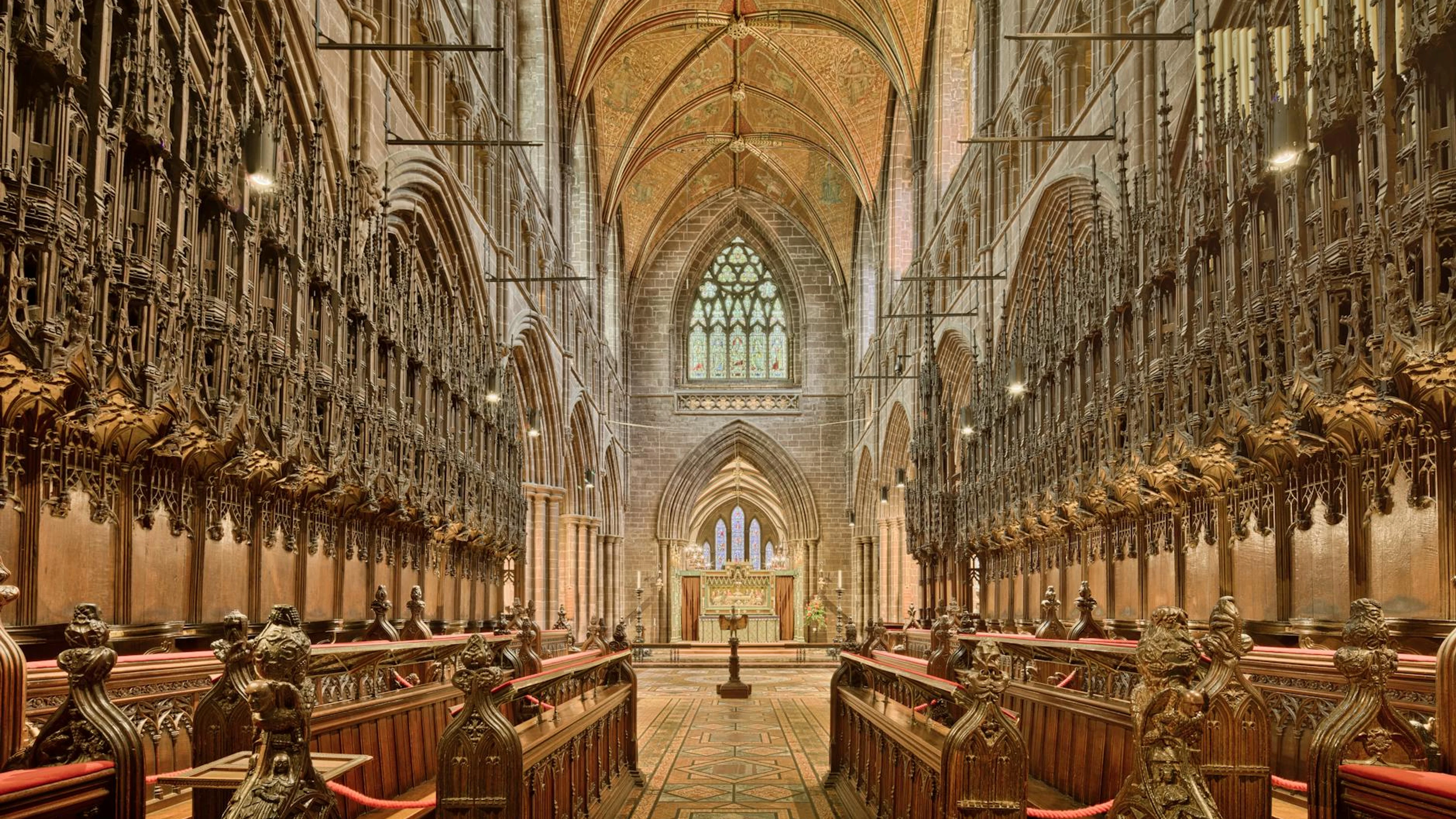 Stunning interior view of Chester Cathedral showcasing gothic arches and intrica - free 4K Ultra HD architecture wallpaper for desktop