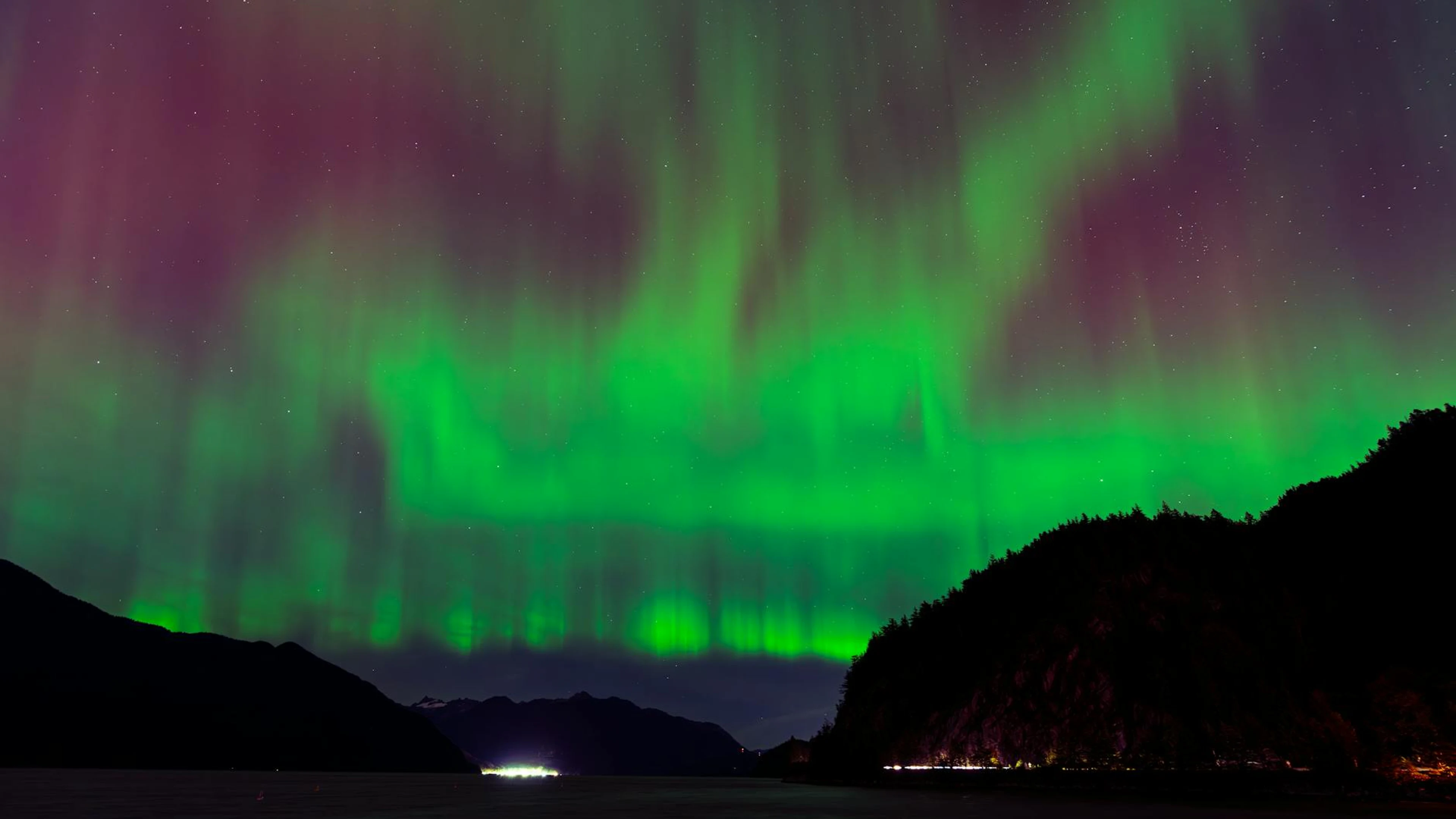 Breathtaking display of the aurora borealis illuminating the night sky over a se - free 4K Ultra HD aurora wallpaper for desktop