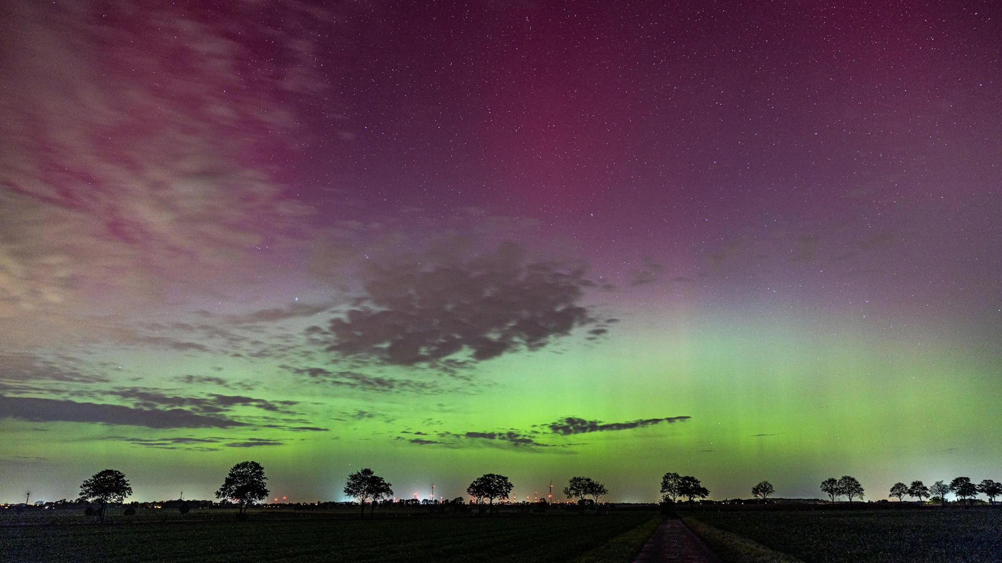 Vibrant aurora borealis illuminating a rural landscape with silhouetted trees an - free 4K Ultra HD aurora wallpaper for desktop