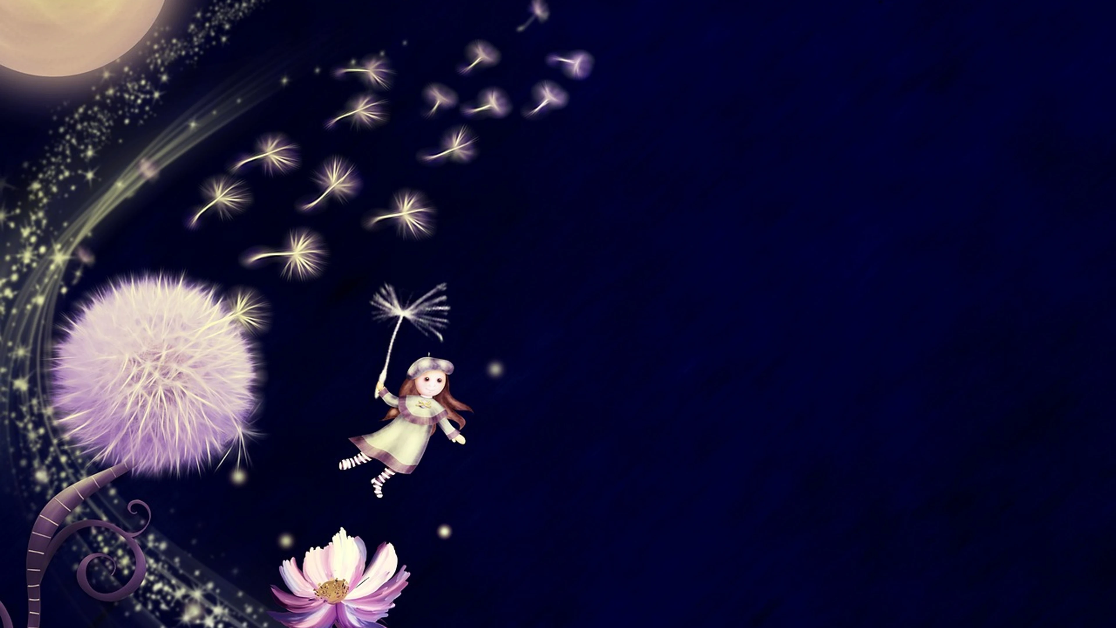 Fantasy dandelion moon - free 4K Ultra HD dark wallpaper for desktop