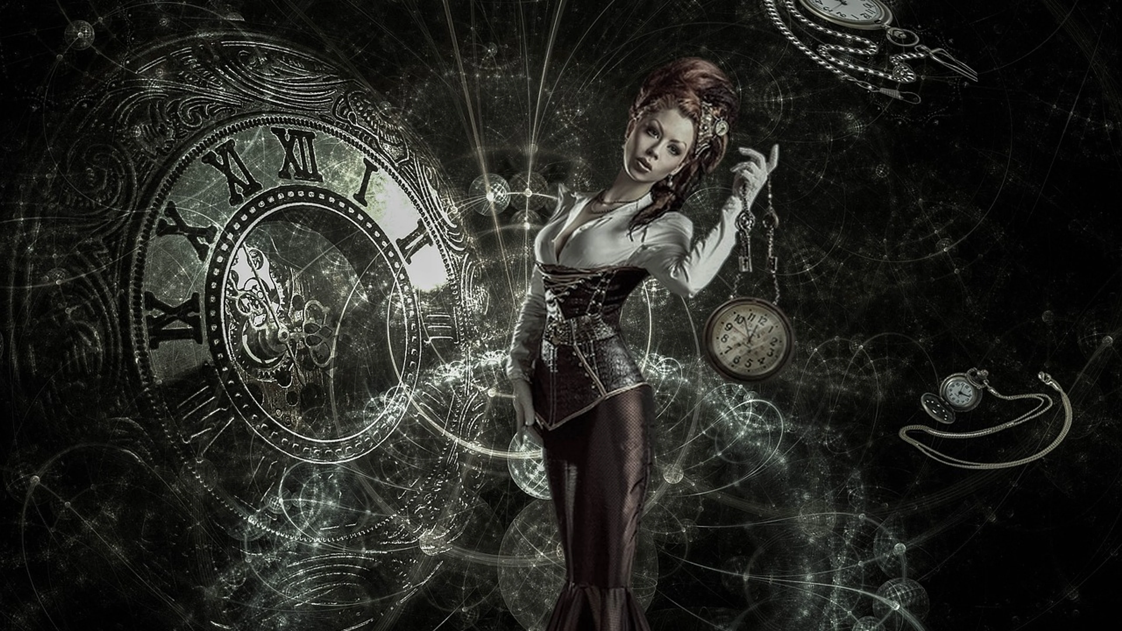 Fantasy steampunk clocks - free 4K Ultra HD dark wallpaper for desktop