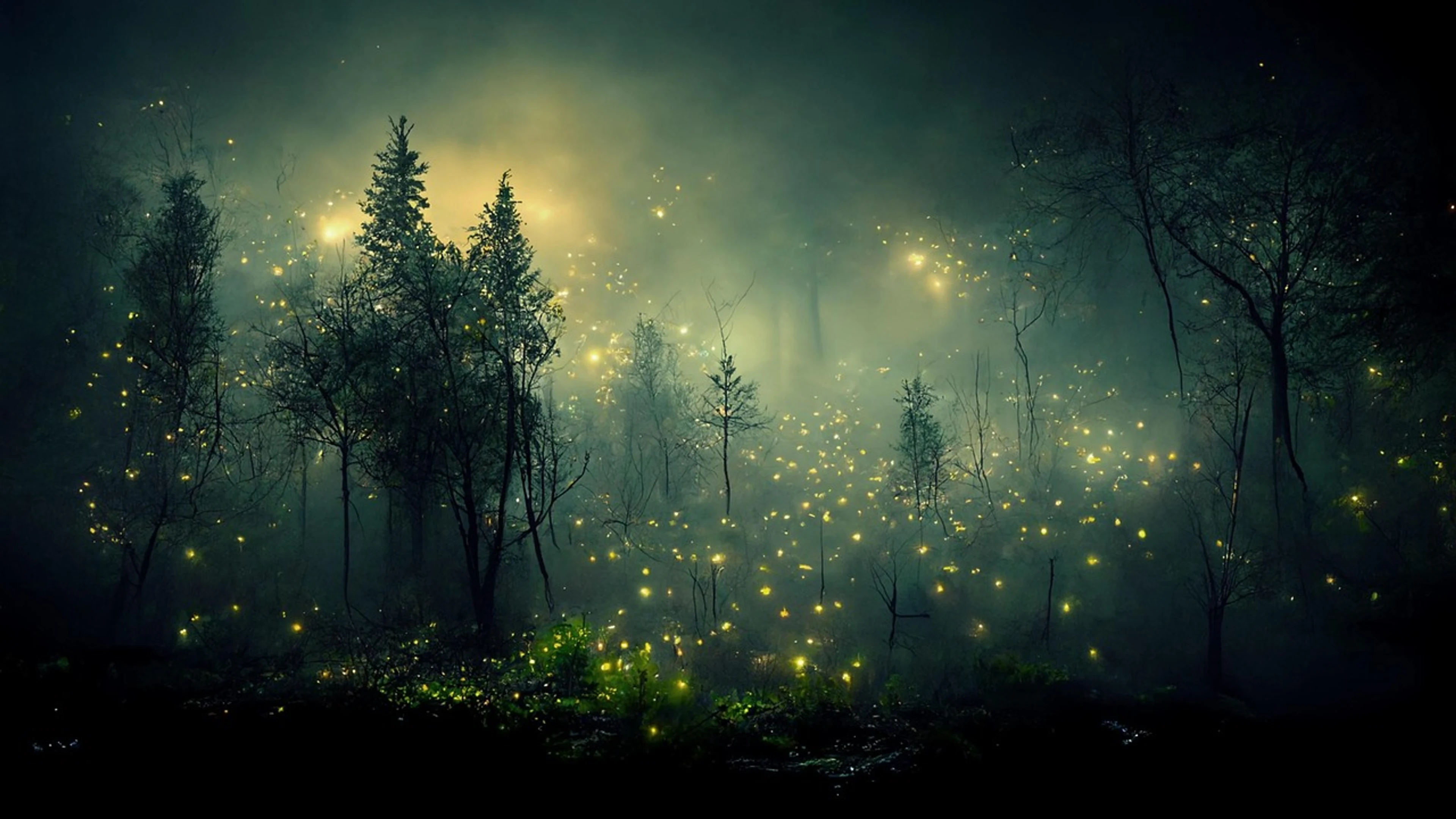 Fireflies forest fog - free 4K Ultra HD dark wallpaper for desktop