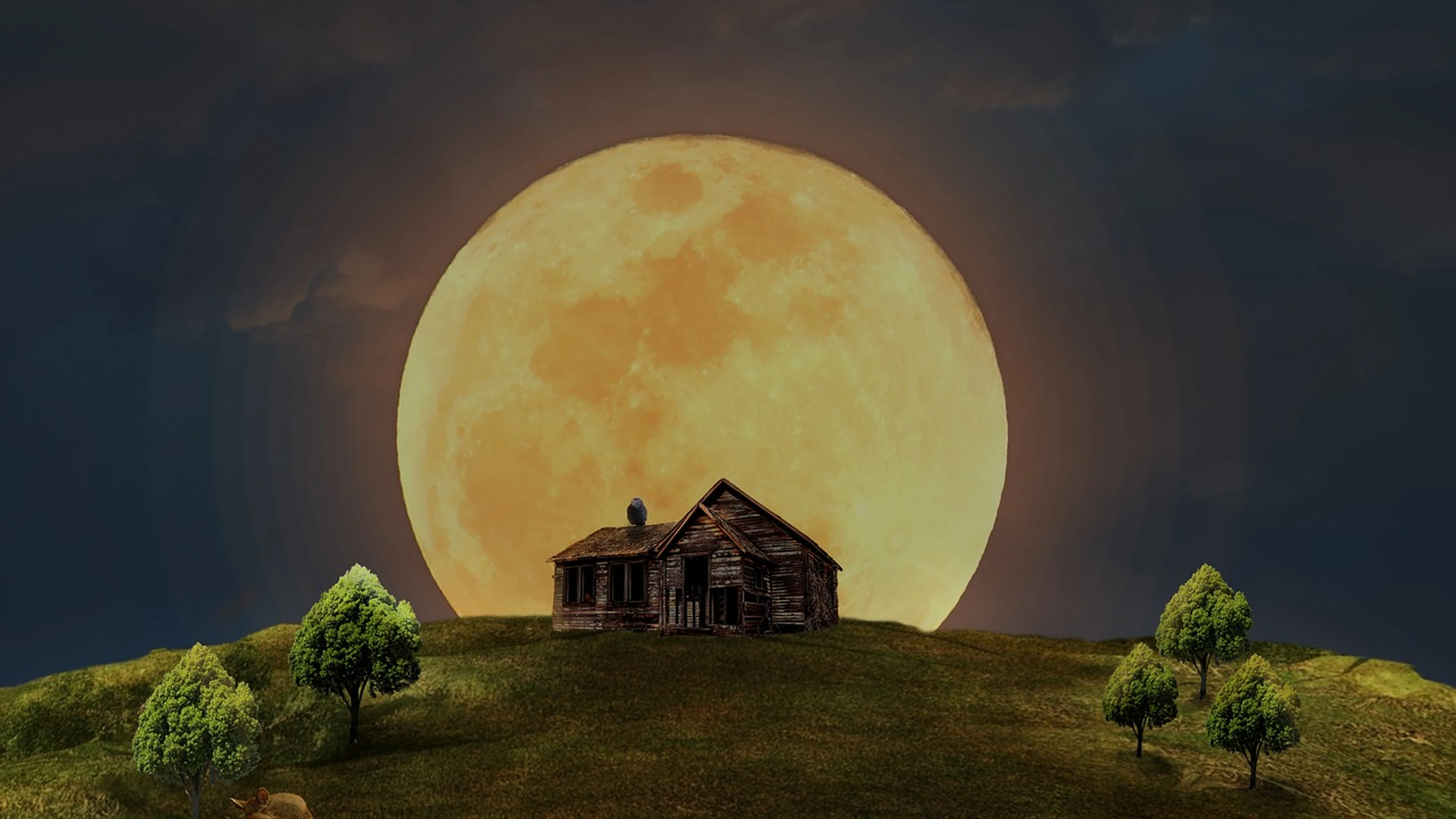 Full moon nature house - free 4K Ultra HD dark wallpaper for desktop