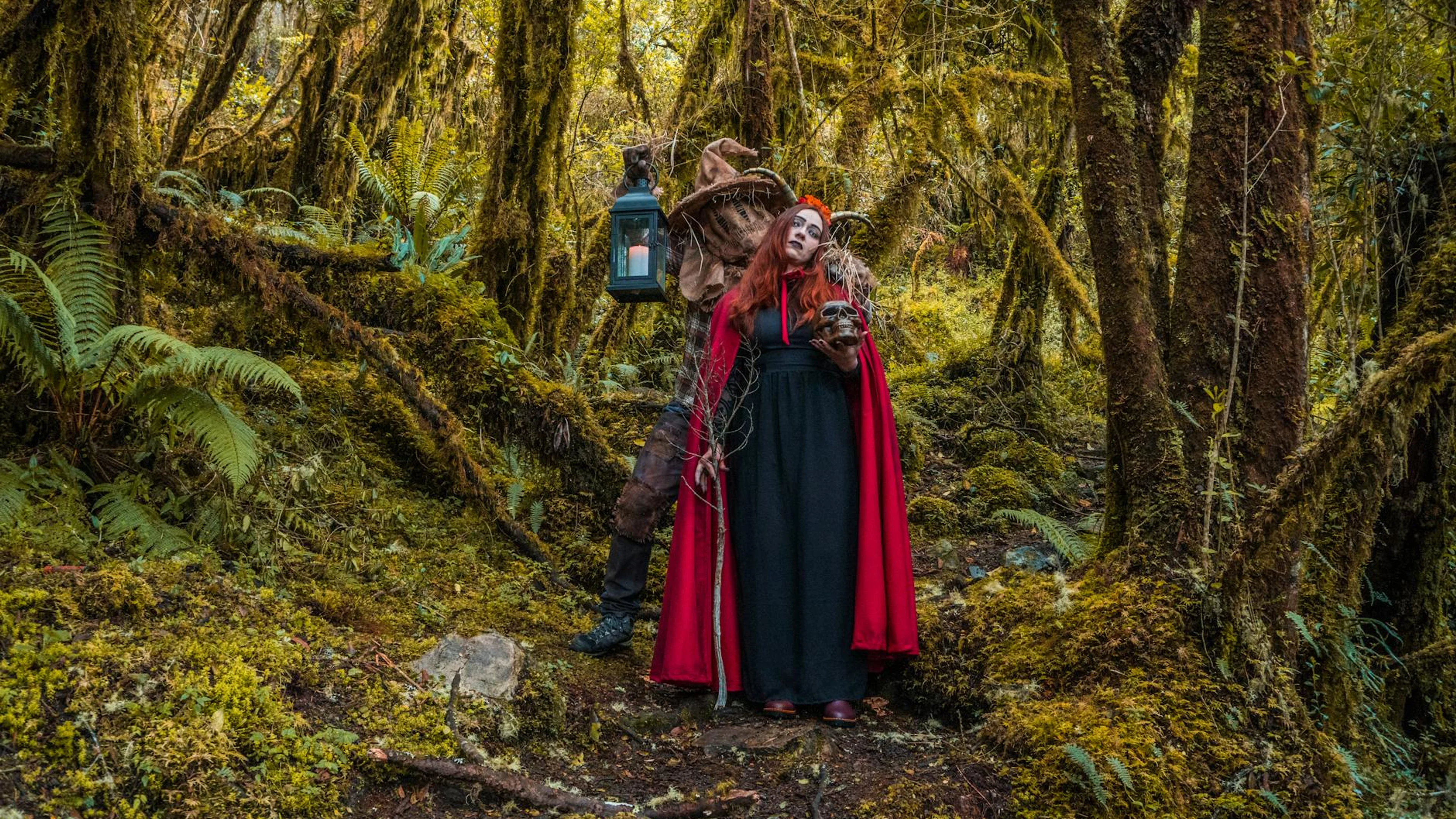 A haunting Halloween scene in a Choachí forest with eerie costumes. - free 4K Ultra HD fantasy wallpaper for desktop