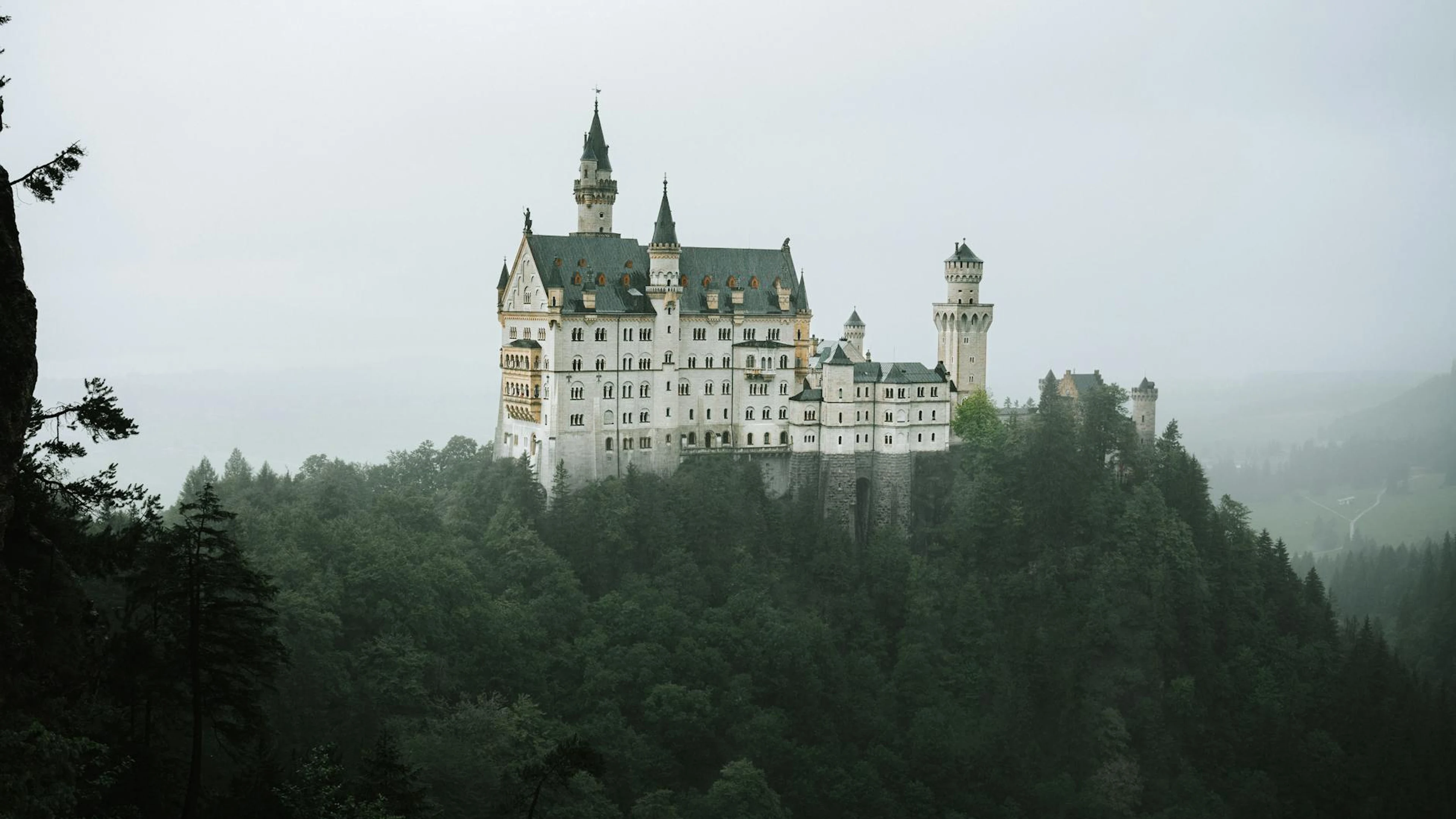 Aerial view of Neuschwanstein Castle amid a foggy forest in Bavaria, Germany. - free 4K Ultra HD fantasy wallpaper for desktop