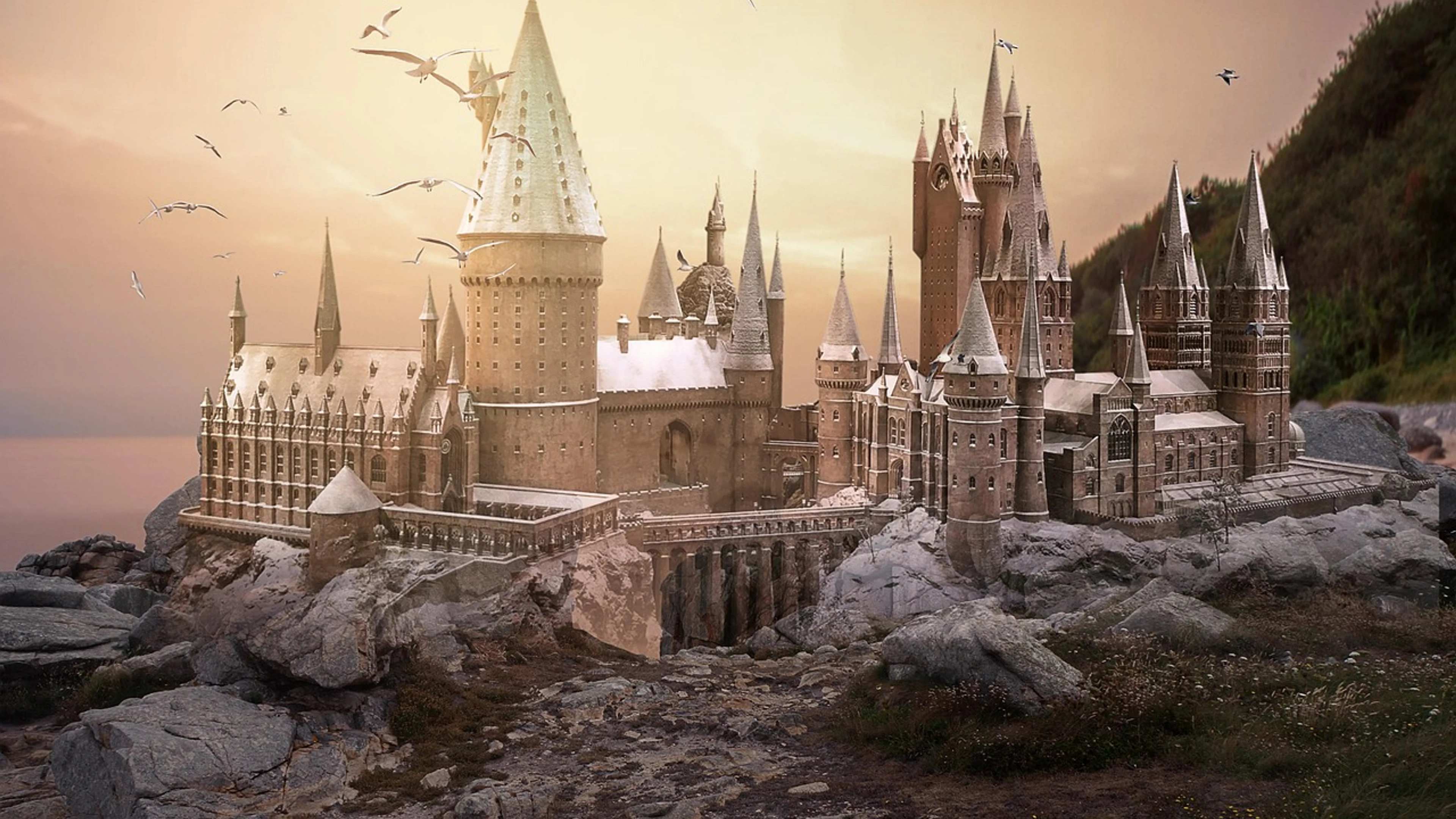 Castle sunset mountain - free 4K Ultra HD fantasy wallpaper for desktop