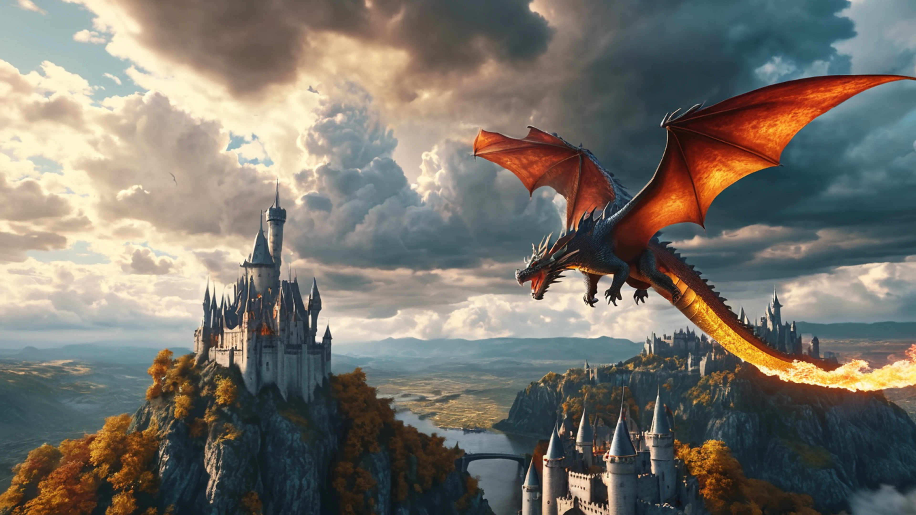 Dragon Flying Over Kingdom - free 4K Ultra HD fantasy wallpaper for desktop