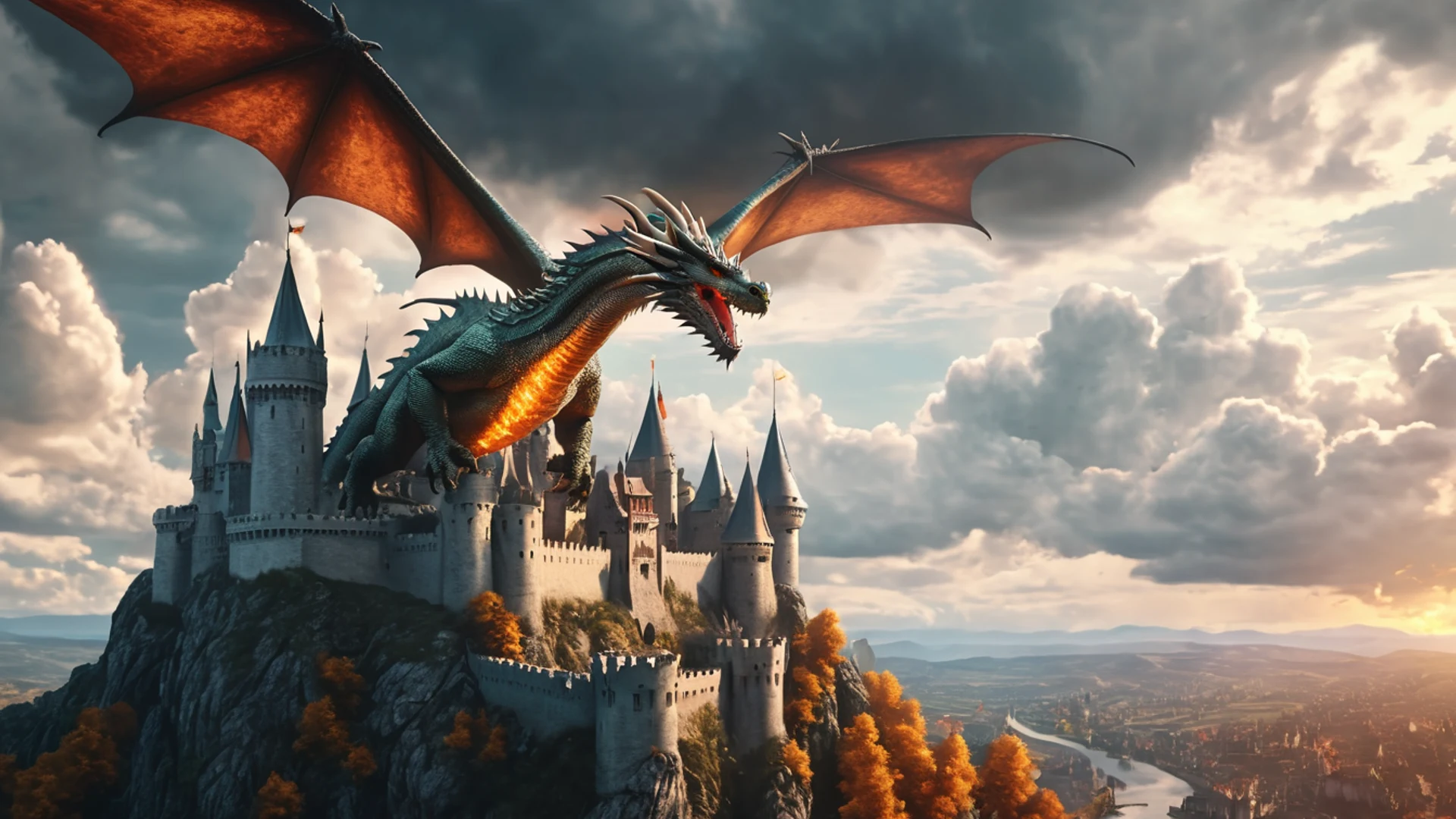 Dragon Flying Over Kingdom - free hd fantasy wallpaper for desktop
