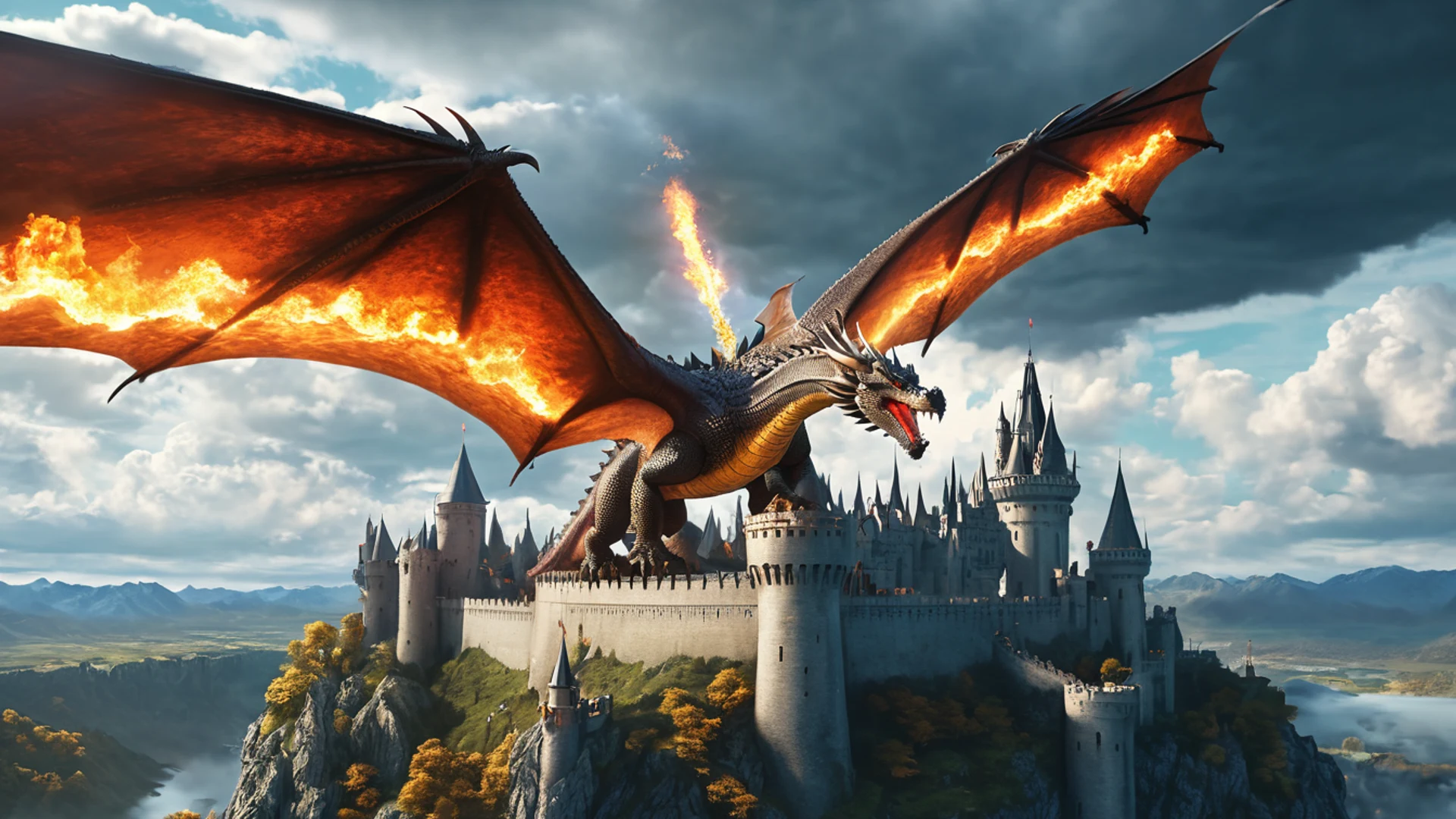 Dragon Flying Over Kingdom - free hd fantasy wallpaper for desktop