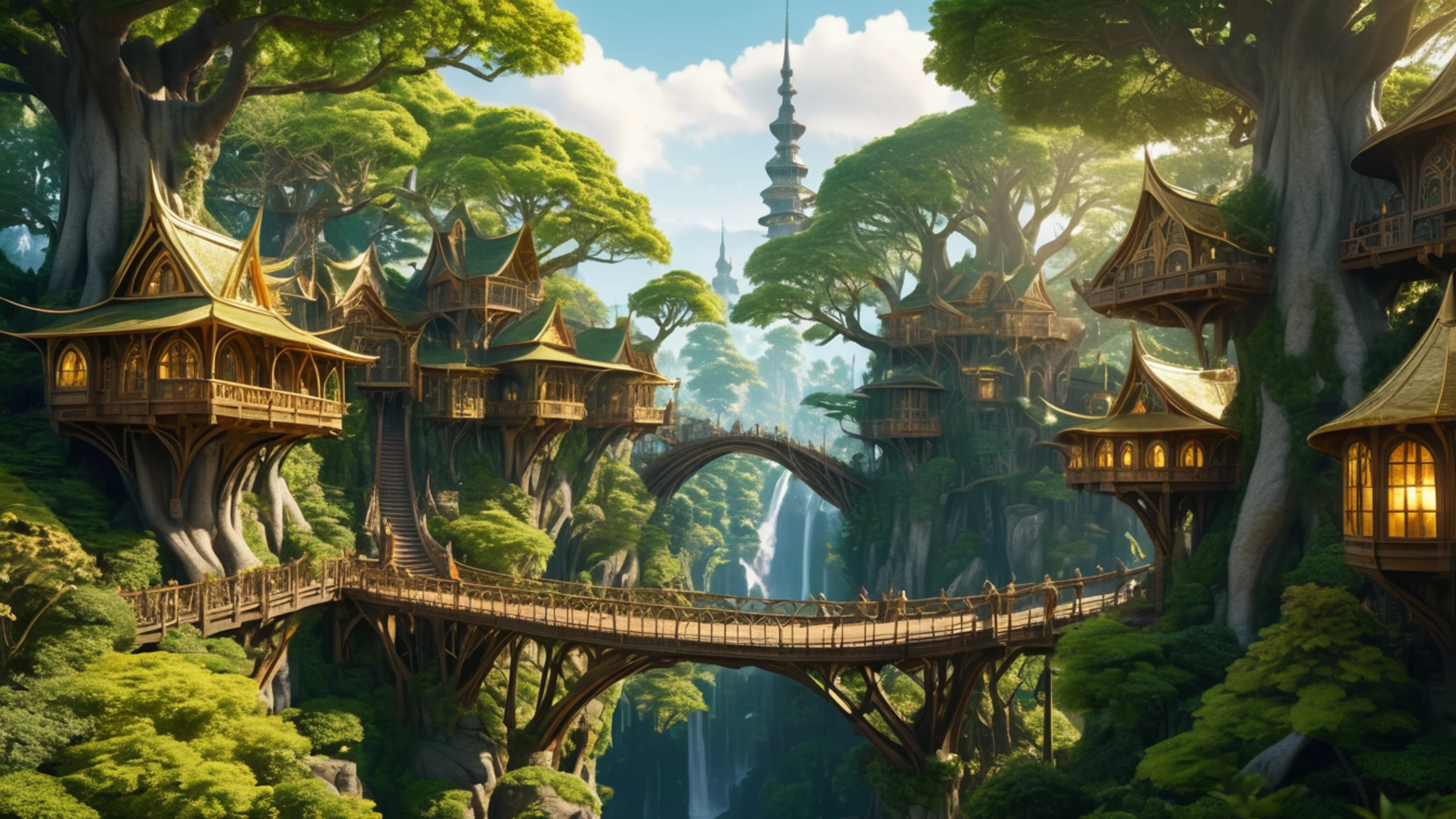 Elven City in Trees - free 4K Ultra HD fantasy wallpaper for desktop