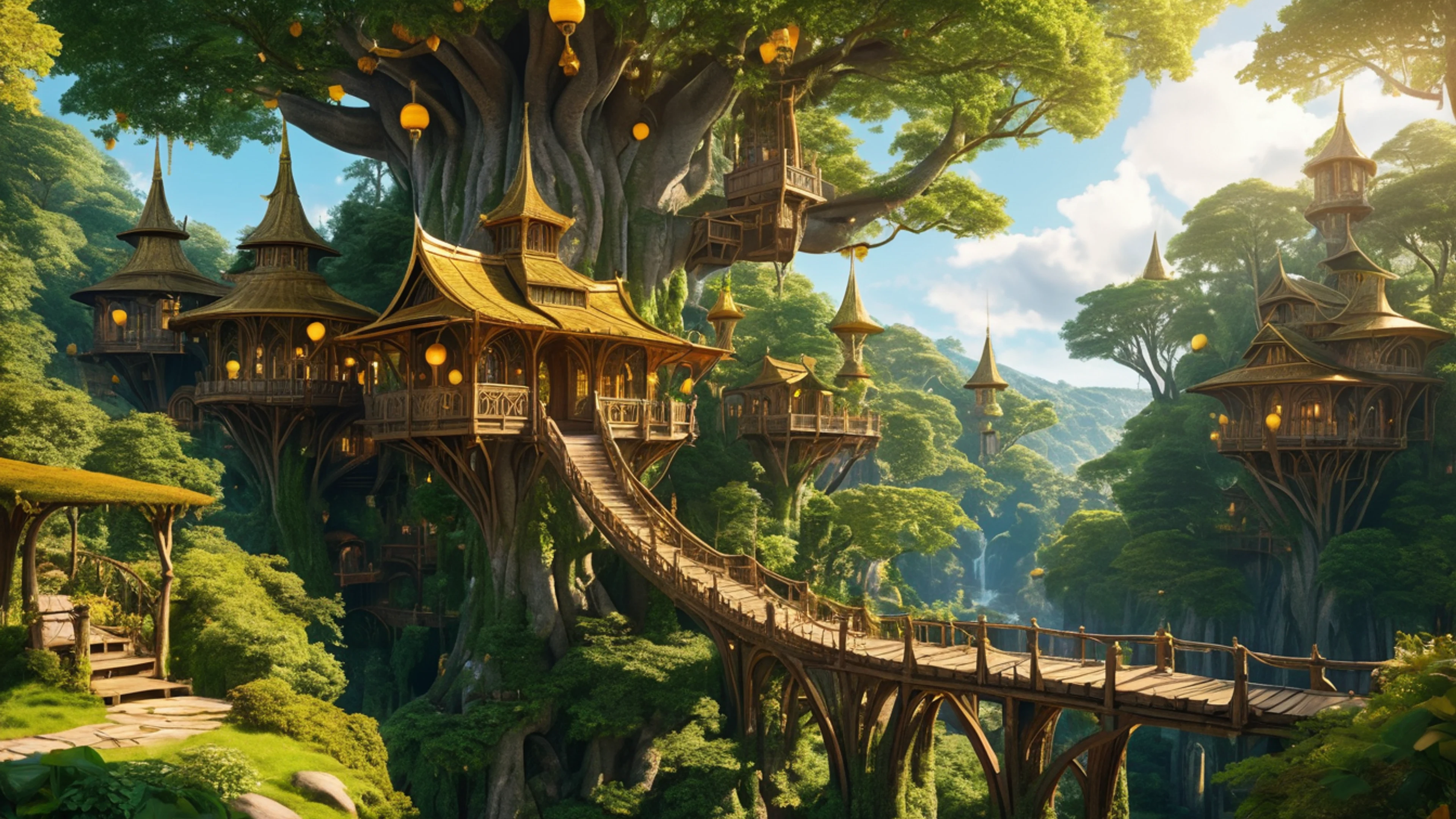 Elven City in Trees - free 4K Ultra HD fantasy wallpaper for desktop