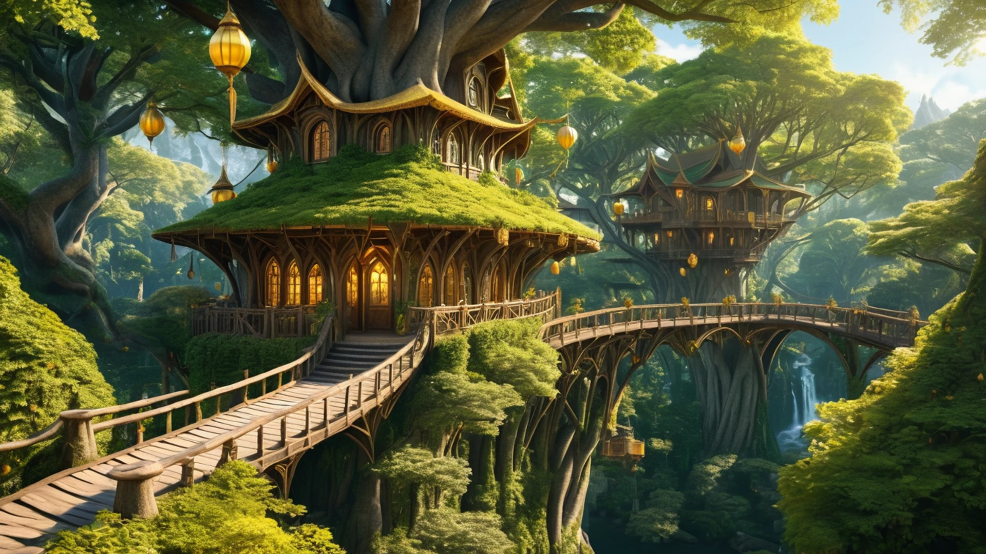 Elven City in Trees - free hd fantasy wallpaper for desktop