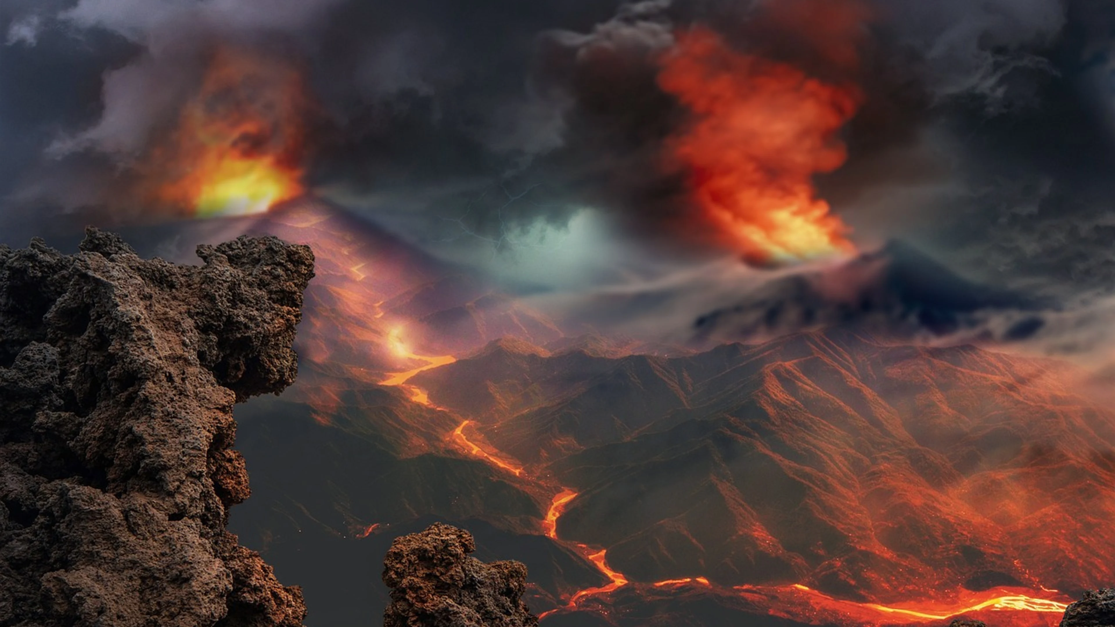 Landscape volcanoes eruption - free 4K Ultra HD fantasy wallpaper for desktop
