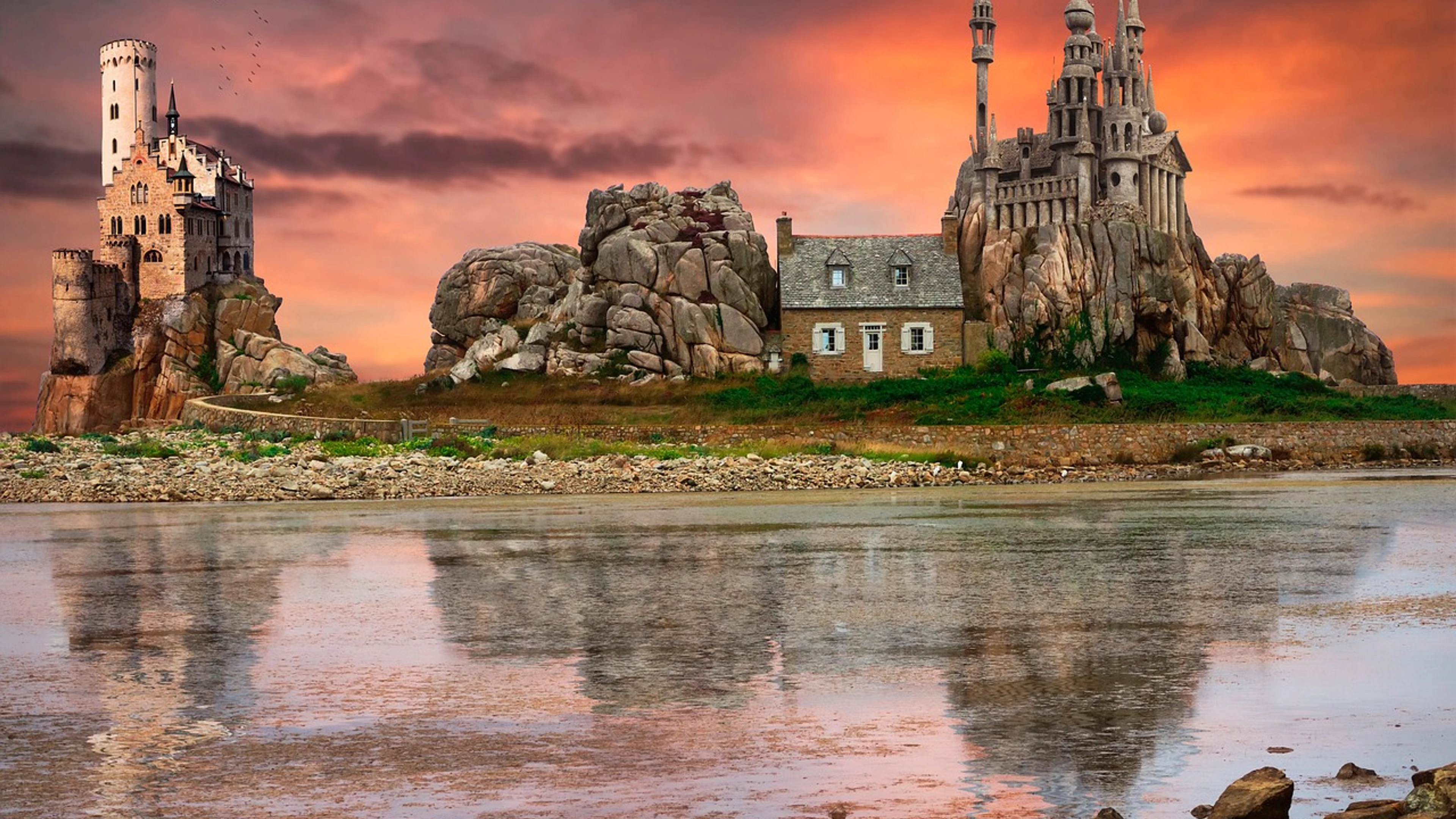 Mountains lake rocks - free 4K Ultra HD fantasy wallpaper for desktop