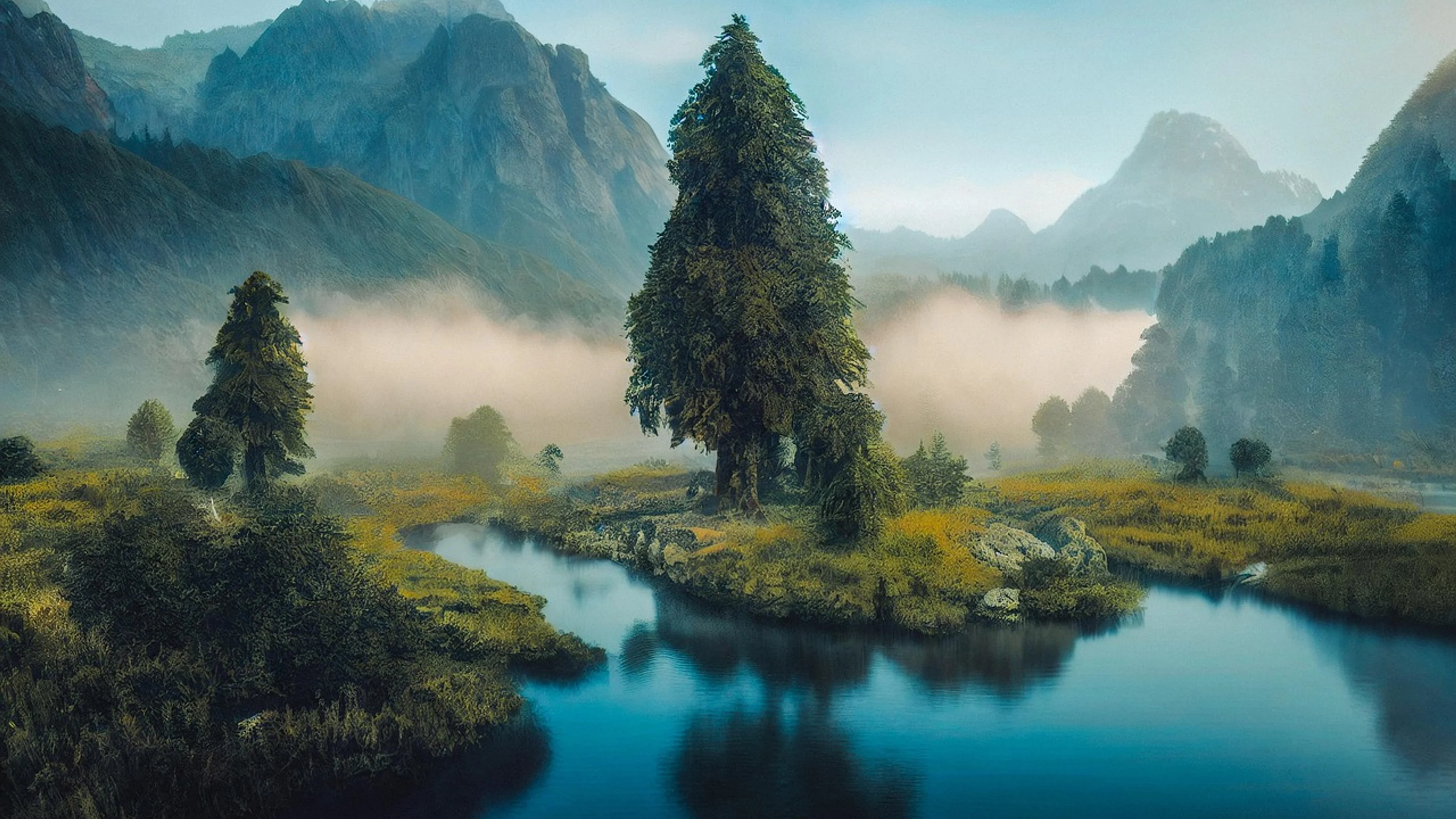 Mountains lake trees - free 4K Ultra HD fantasy wallpaper for desktop