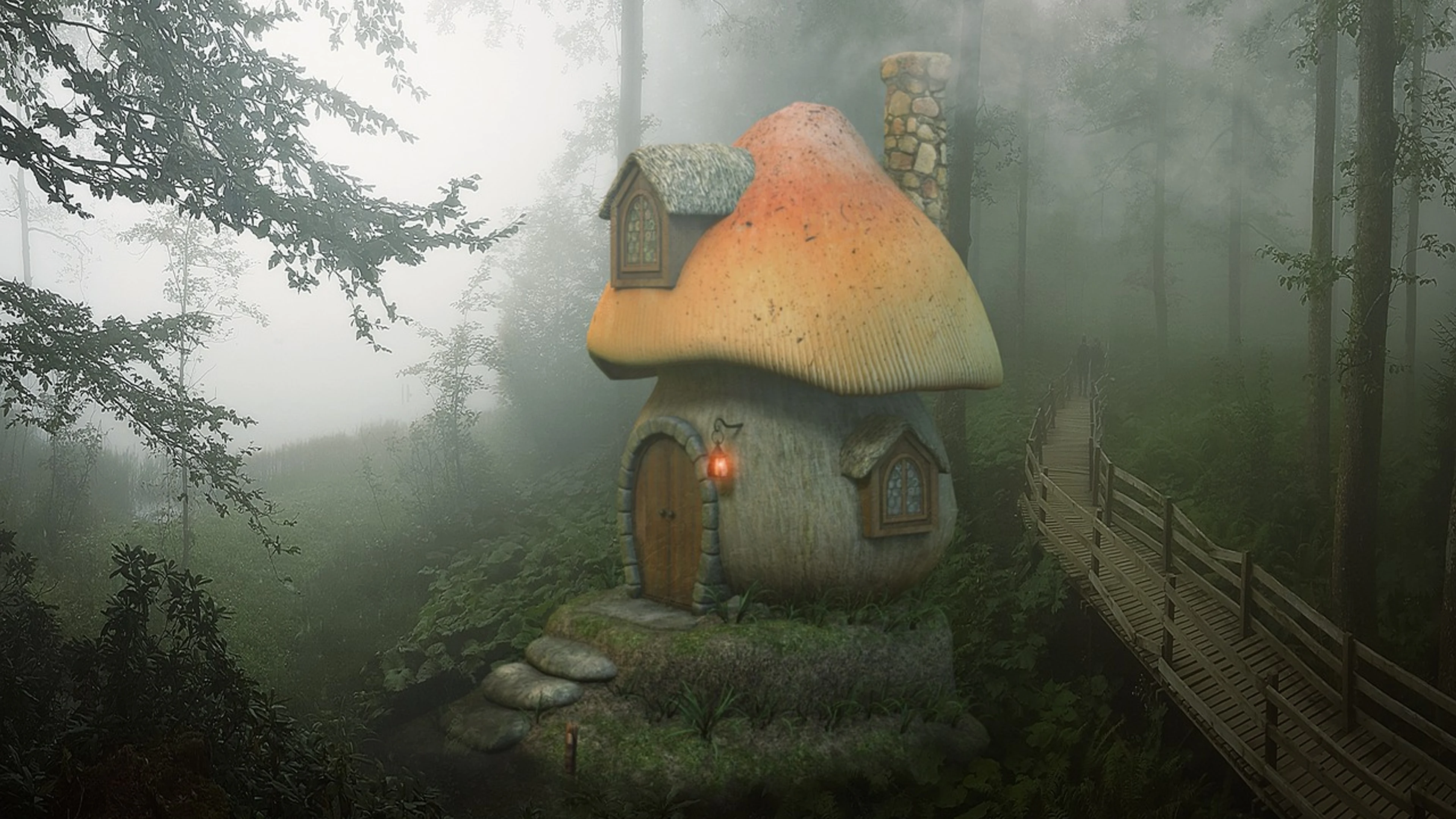 Mushroom house forest - free 4K Ultra HD fantasy wallpaper for desktop