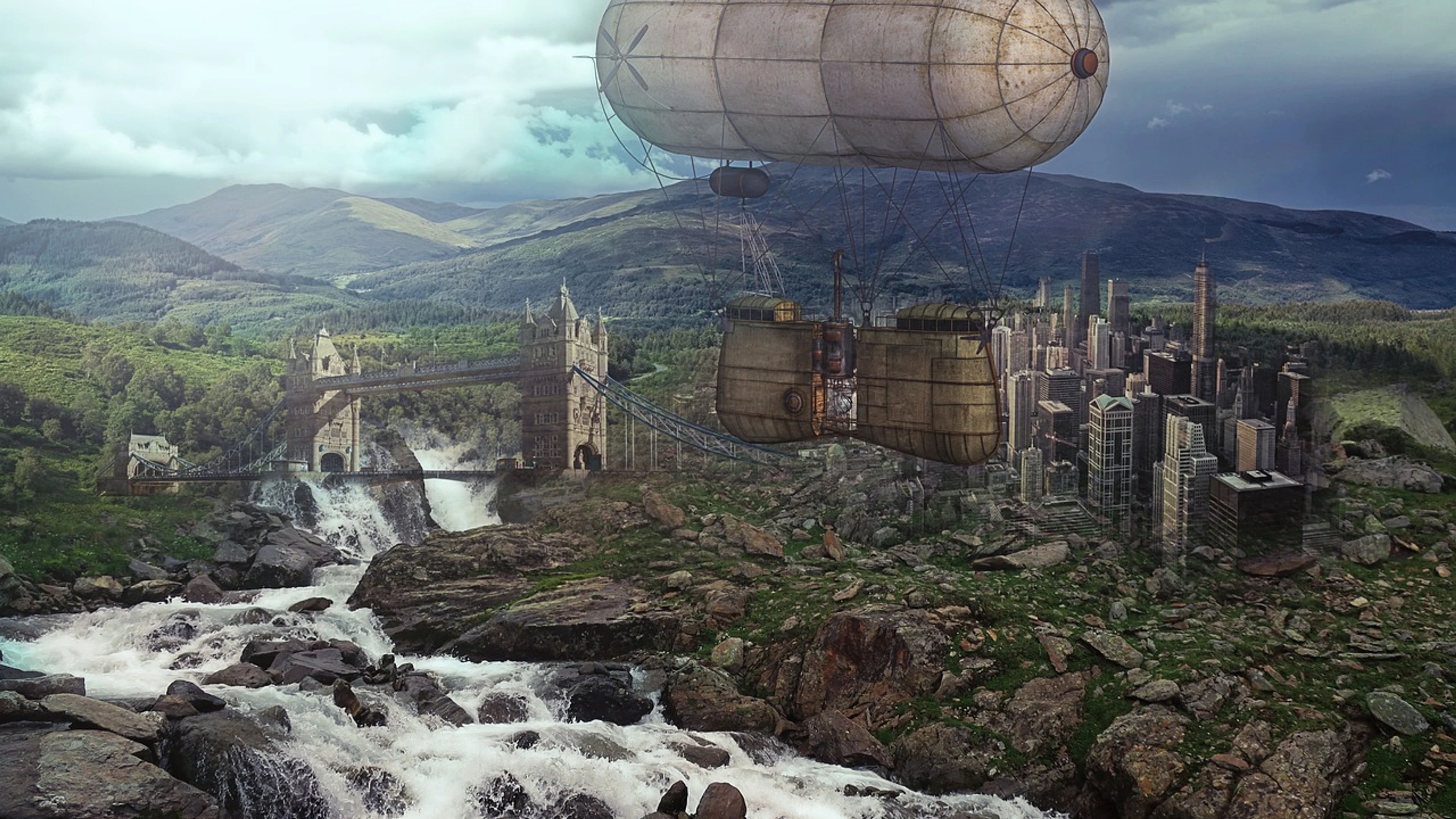 Steampunk balloonaerostat flying - free 4K Ultra HD fantasy wallpaper for desktop