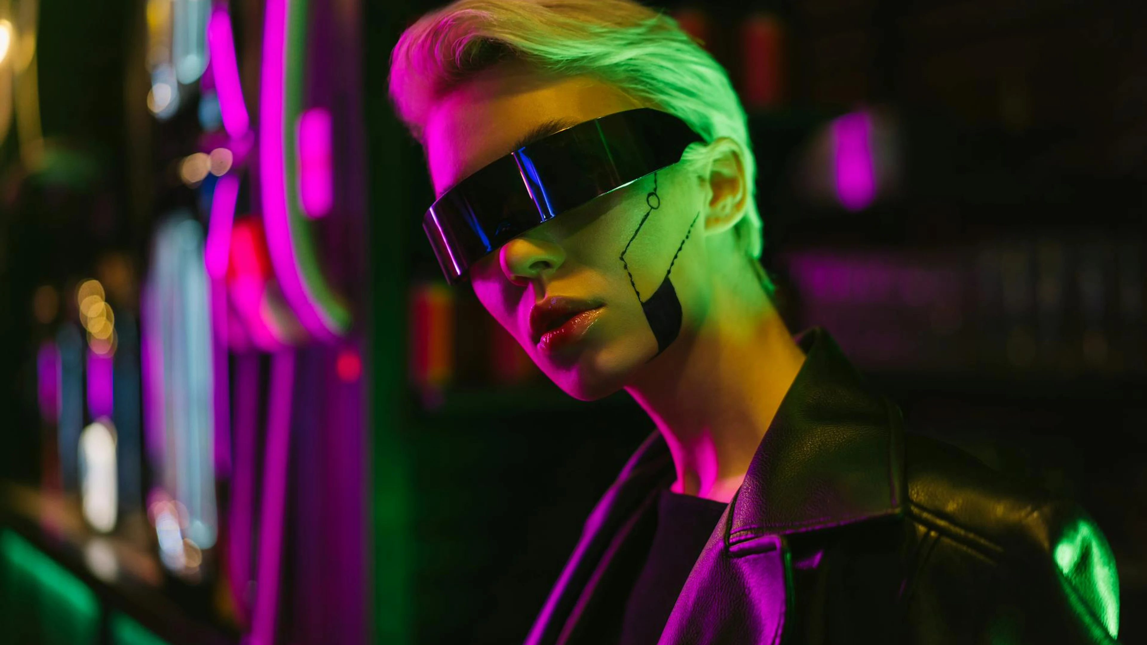 Stylish woman in cyberpunk glasses with neon lights and futuristic makeup. - free 4K Ultra HD gaming wallpaper for desktop