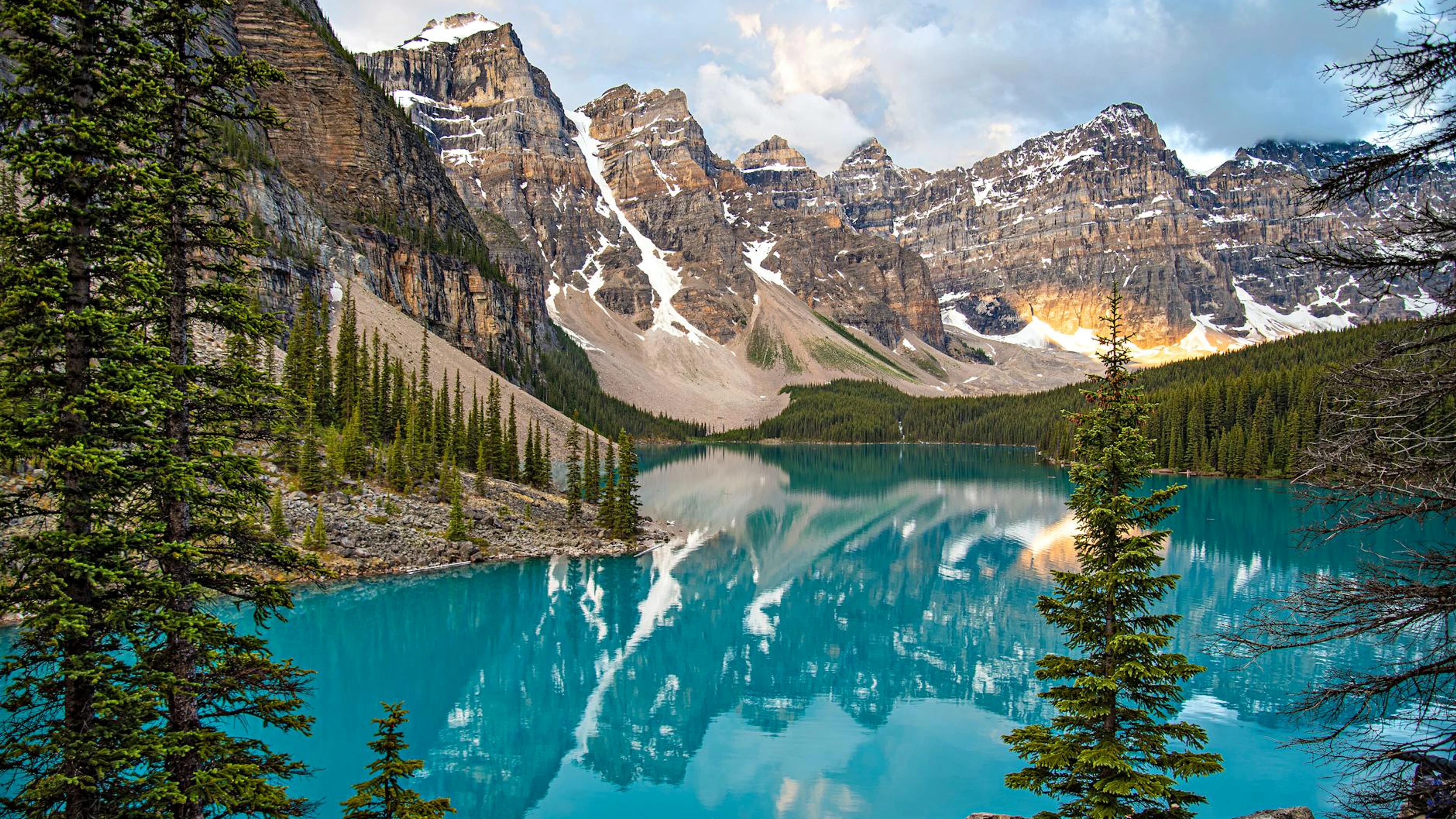 Breathtaking view of Moraine Lake with reflection of snow-covered mountains, pin - free 4K Ultra HD lake wallpaper for desktop