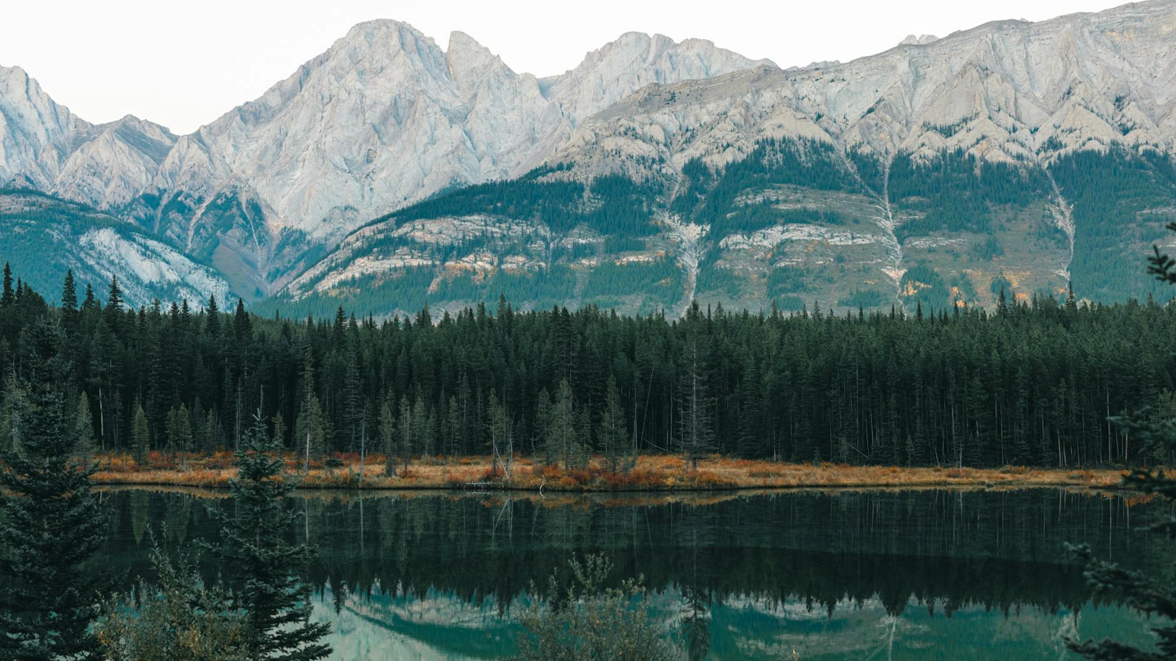 Scenic view of Kananaskis Mountains reflected in calm lake, nestled in lush ever - free 4K Ultra HD lake wallpaper for desktop