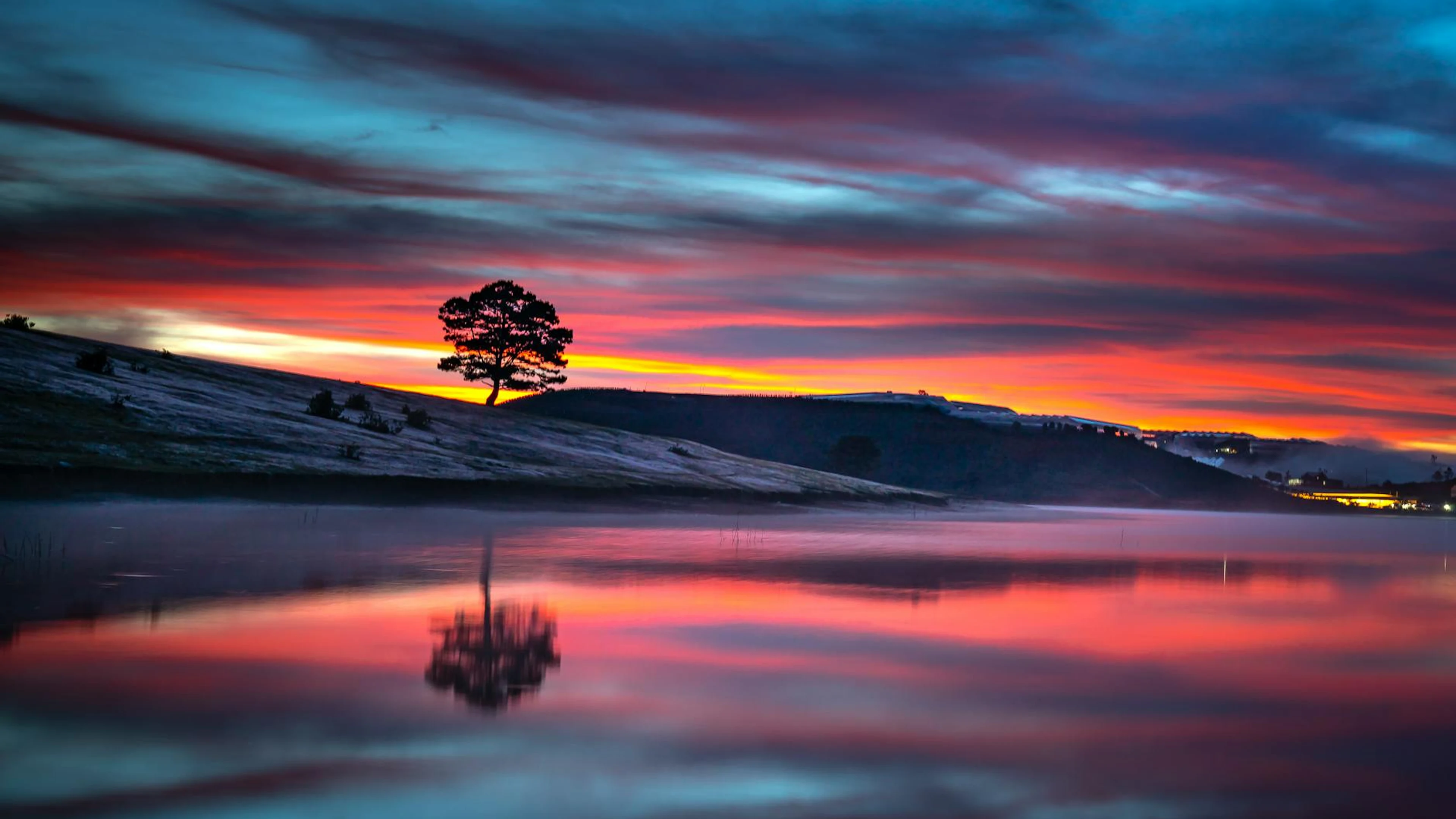 Stunning sunset over a tranquil lake with vibrant colors and a scenic landscape - free 4K Ultra HD lake wallpaper for desktop