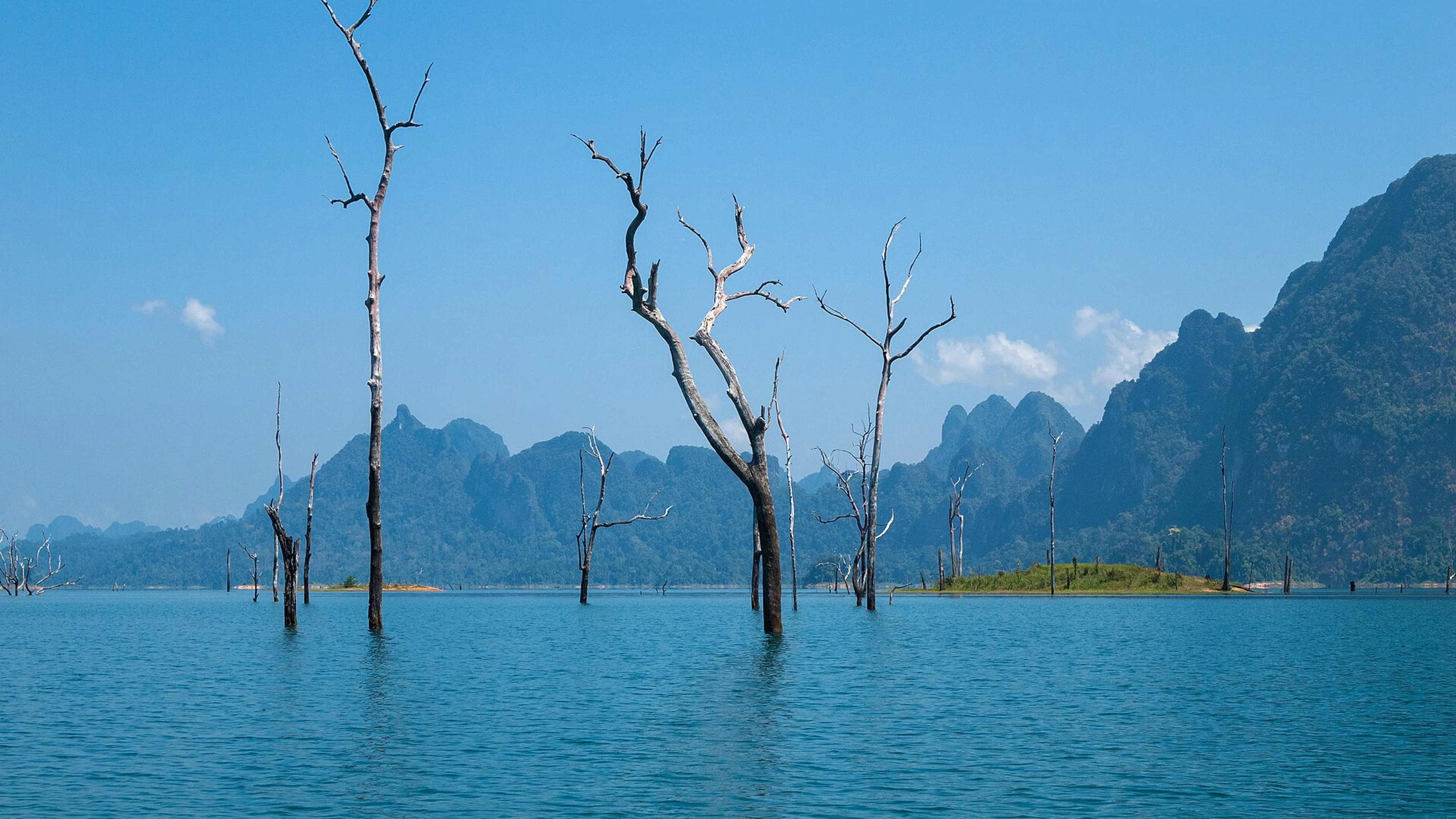 Trees rising out of Cheow Lan Lake, blue sky, eternal summer in Surat Thani edit - free 4K Ultra HD lake wallpaper for desktop