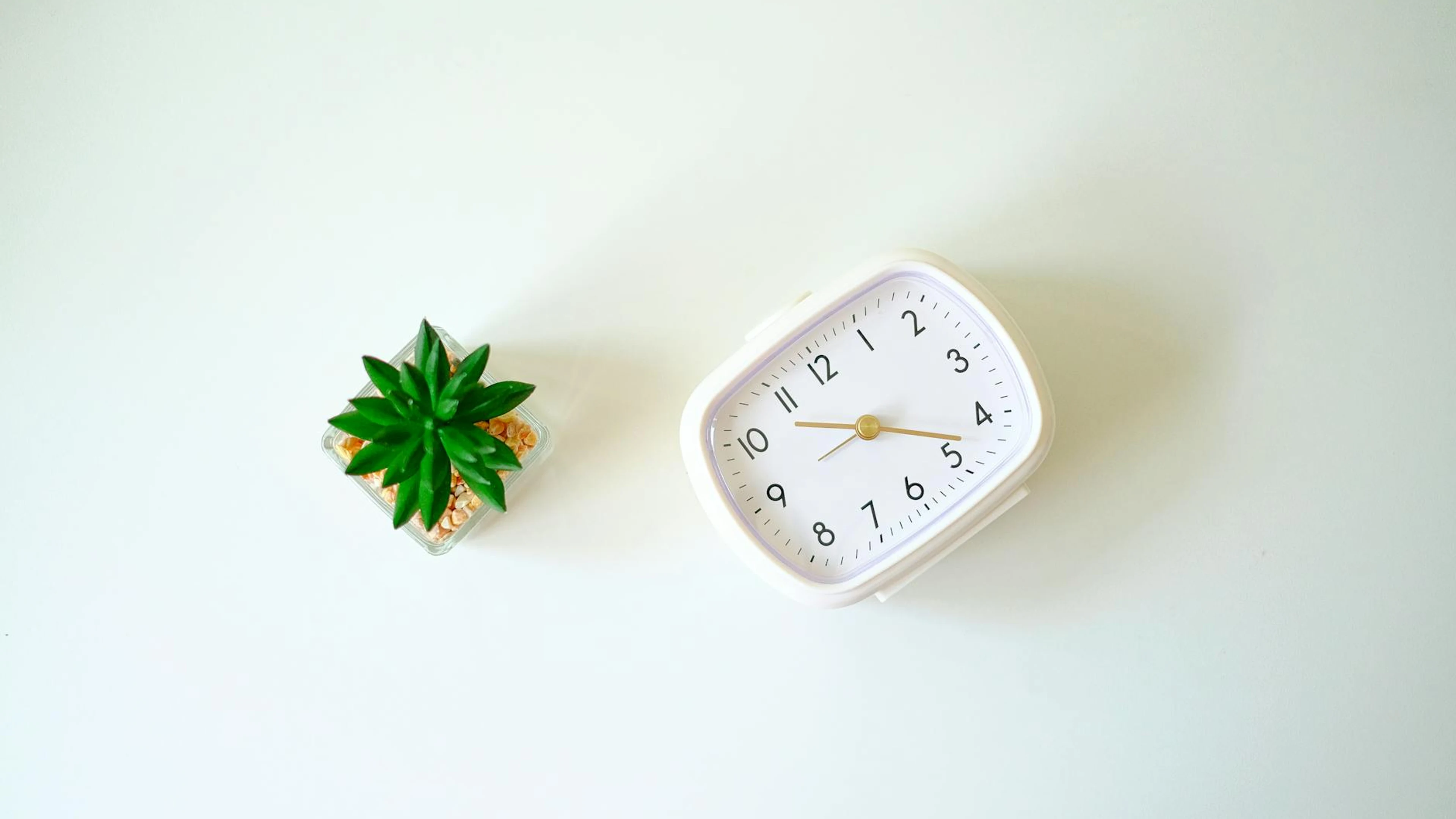 A minimalist desk scene with a white clock and a small cactus plant on a white b - free 4K Ultra HD minimal wallpaper for desktop