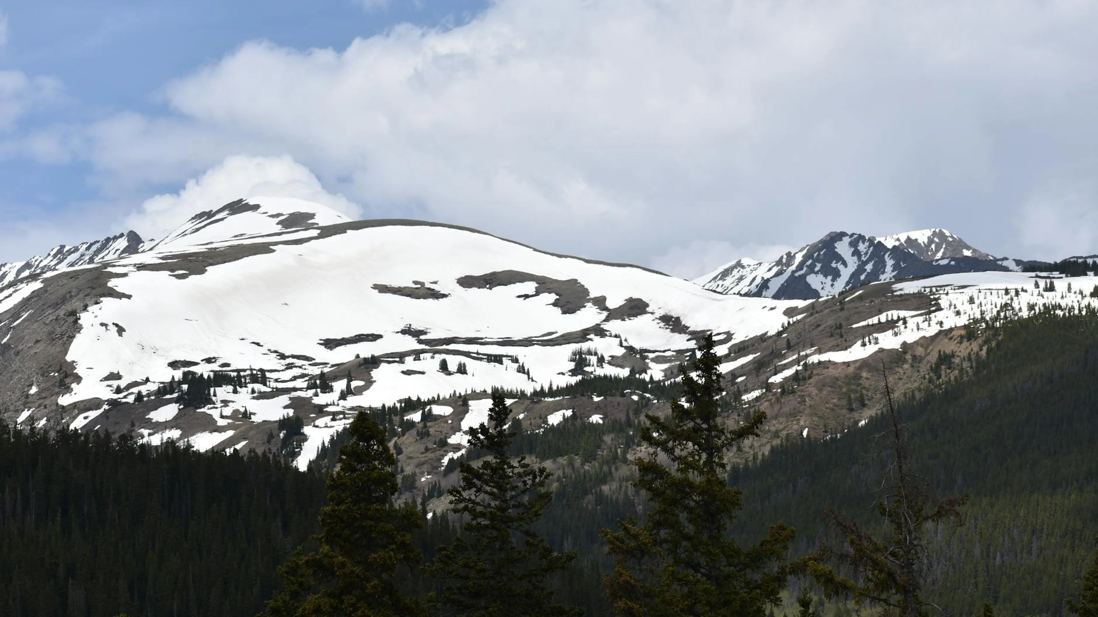 A stunning view of snow-capped peaks and conifer forests in Colorado's Rocky Mou - free 4K Ultra HD mountain wallpaper for desktop