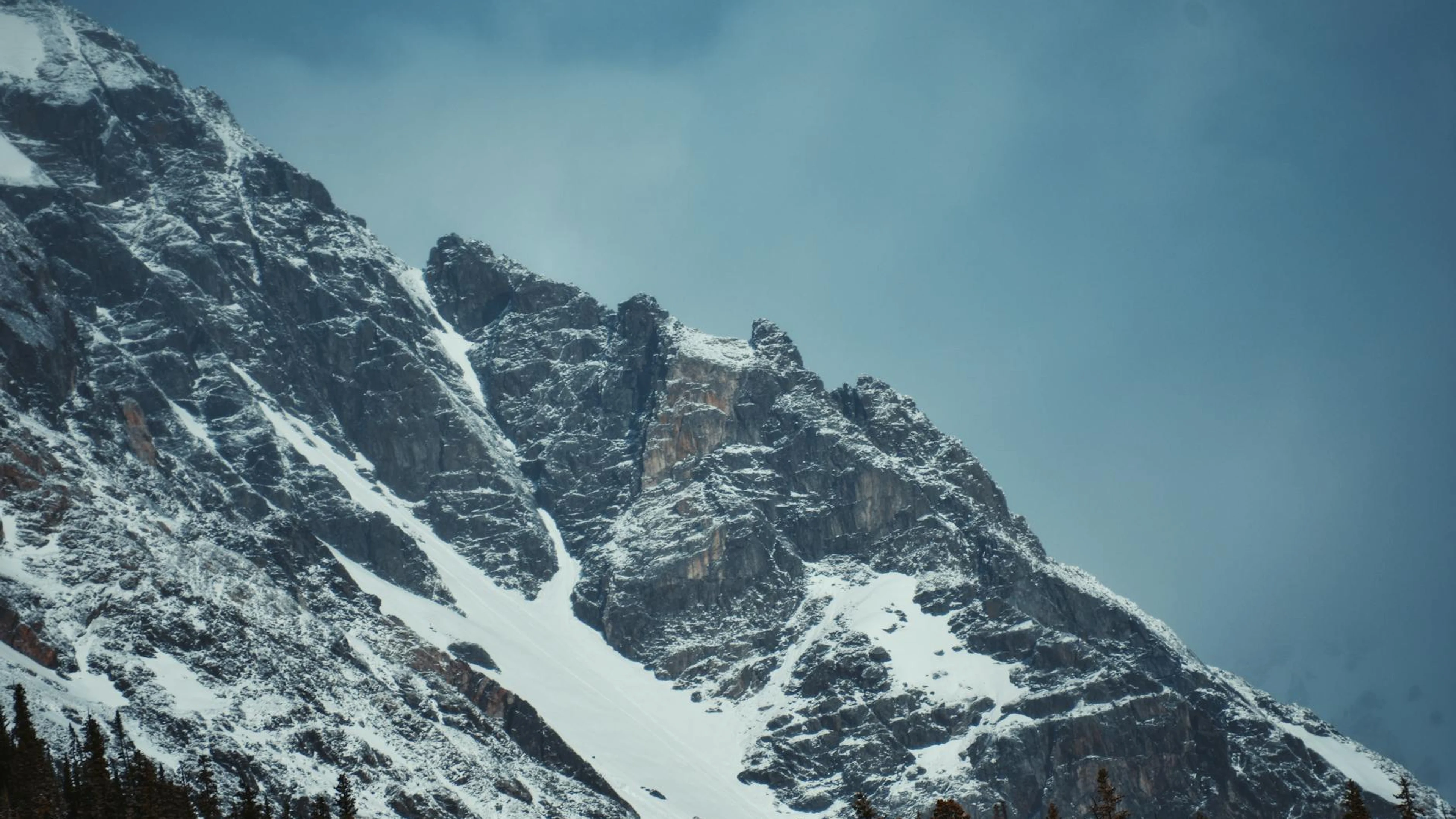 Dramatic snowy peaks of the rocky mountains in Colorado against a clear blue sky - free 4K Ultra HD mountain wallpaper for desktop
