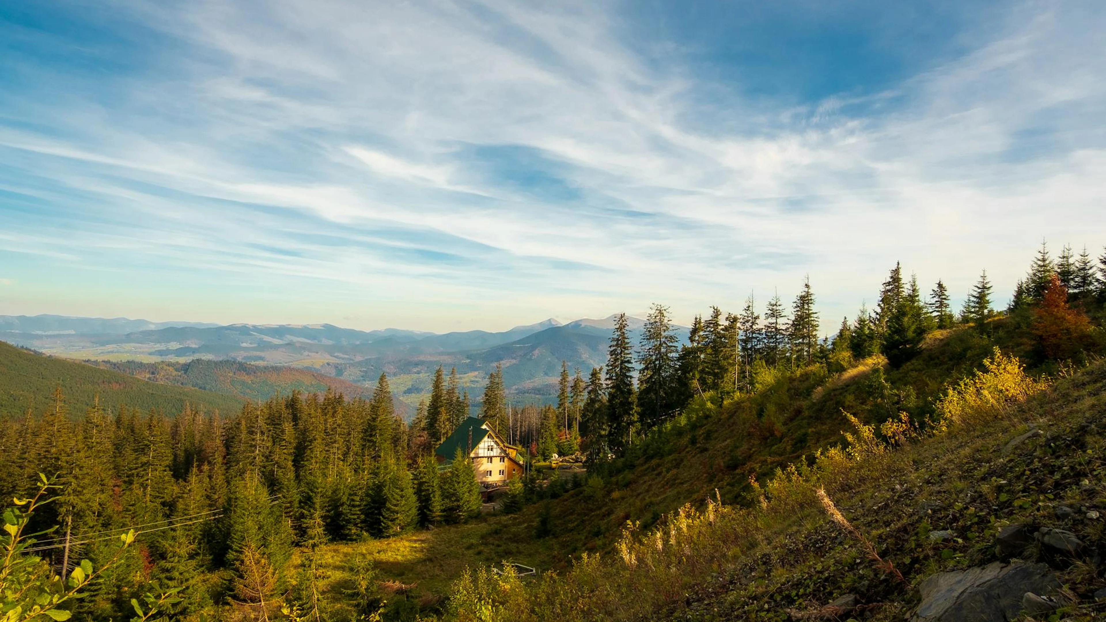 Serene view of Carpathian Mountains with evergreen trees, autumn colors, and a c - free 4K Ultra HD mountain wallpaper for desktop