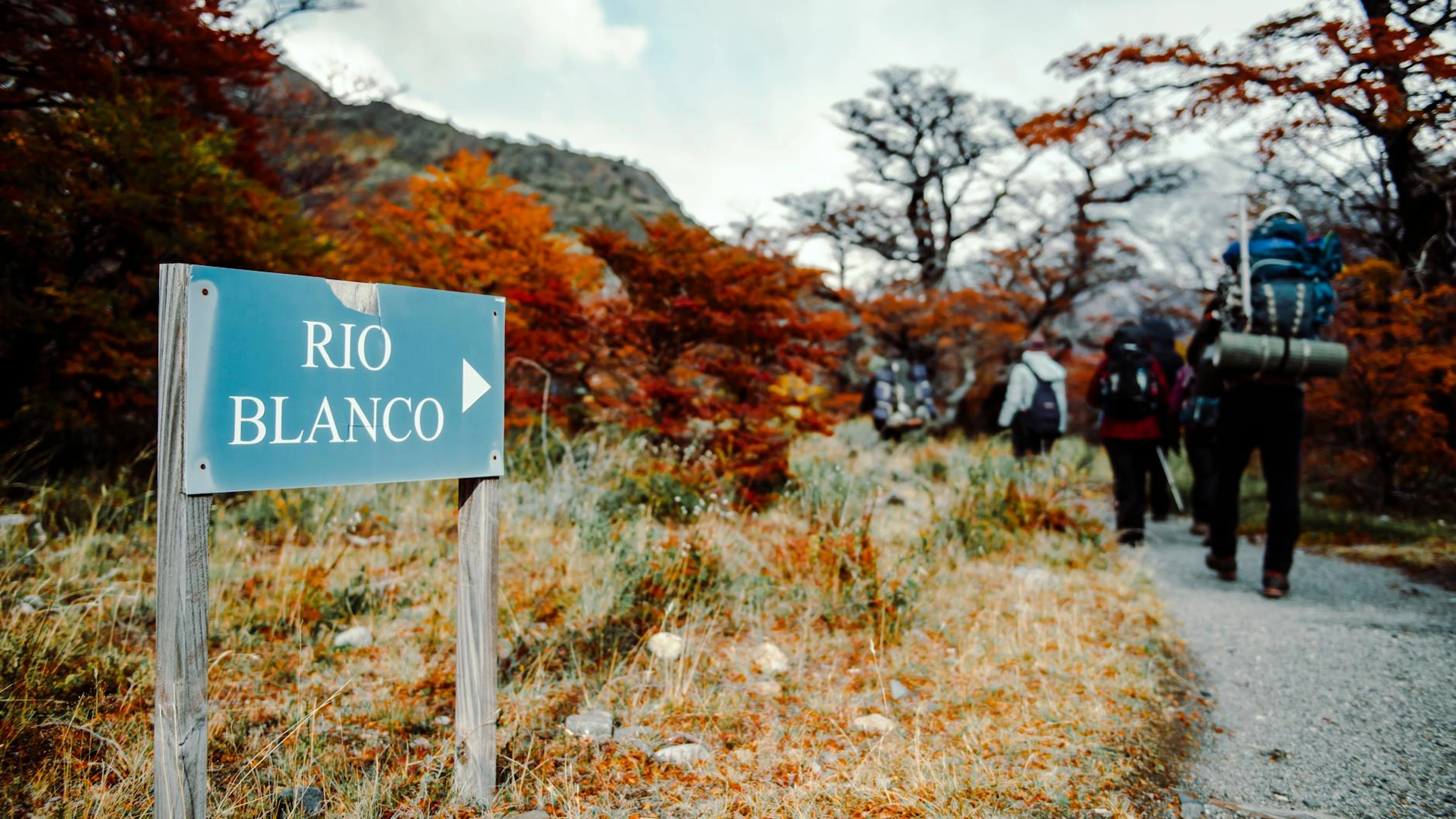 Backpackers on an autumn hike to Rio Blanco in El Chalten, Argentina with vibran - free 4K Ultra HD nature wallpaper for desktop