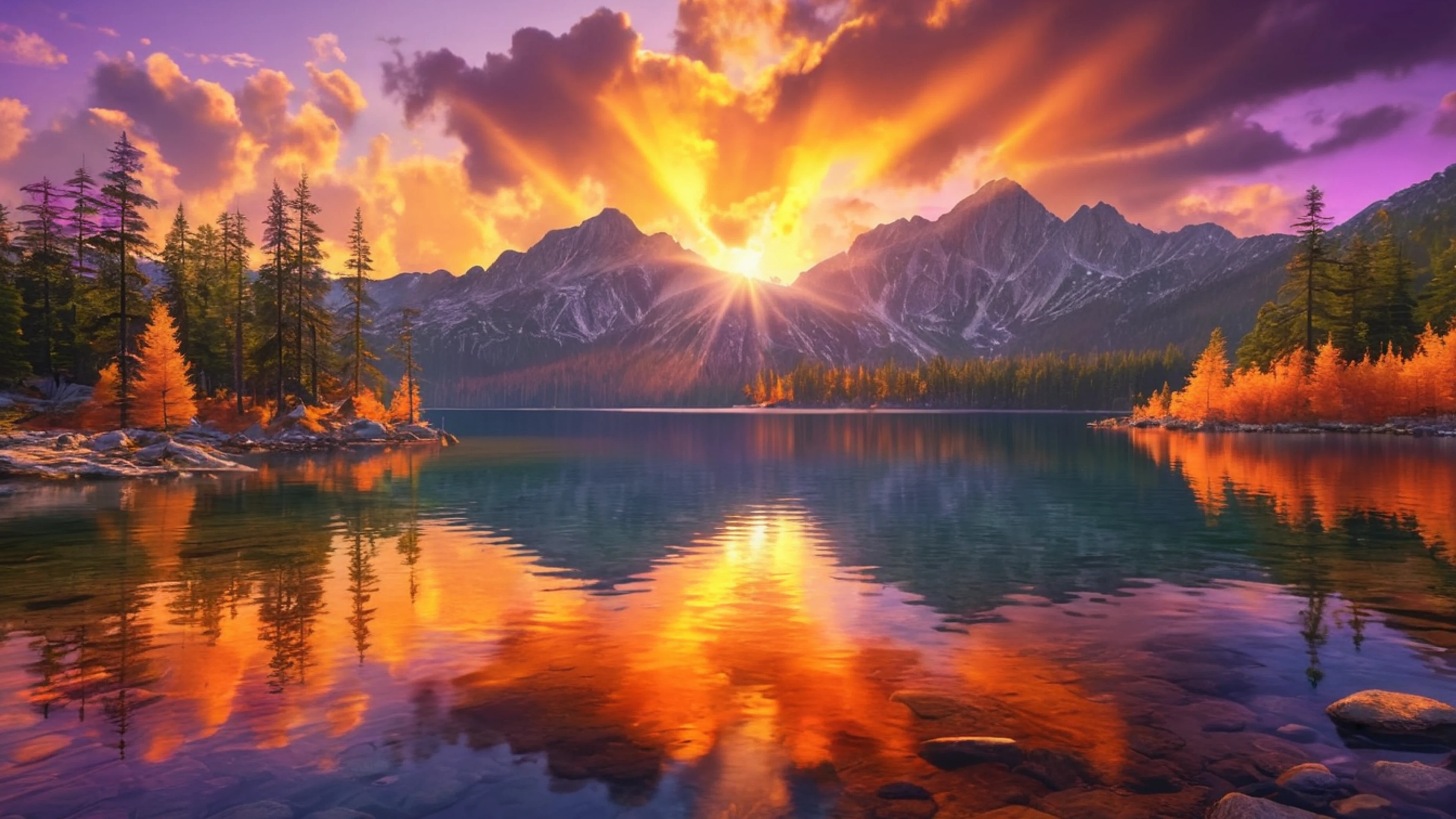 Golden Sunset Over Mountain Lake - free 4K Ultra HD nature wallpaper for desktop