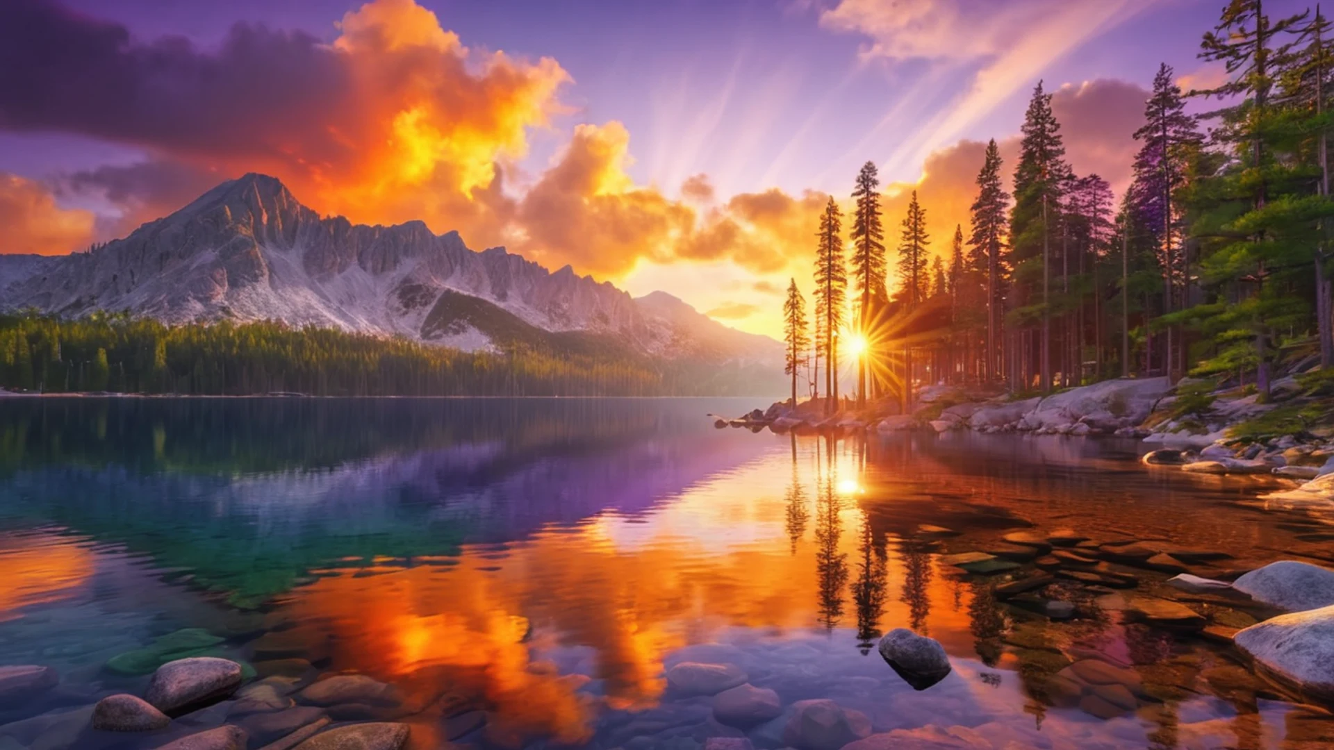 Golden Sunset Over Mountain Lake - free hd nature wallpaper for desktop