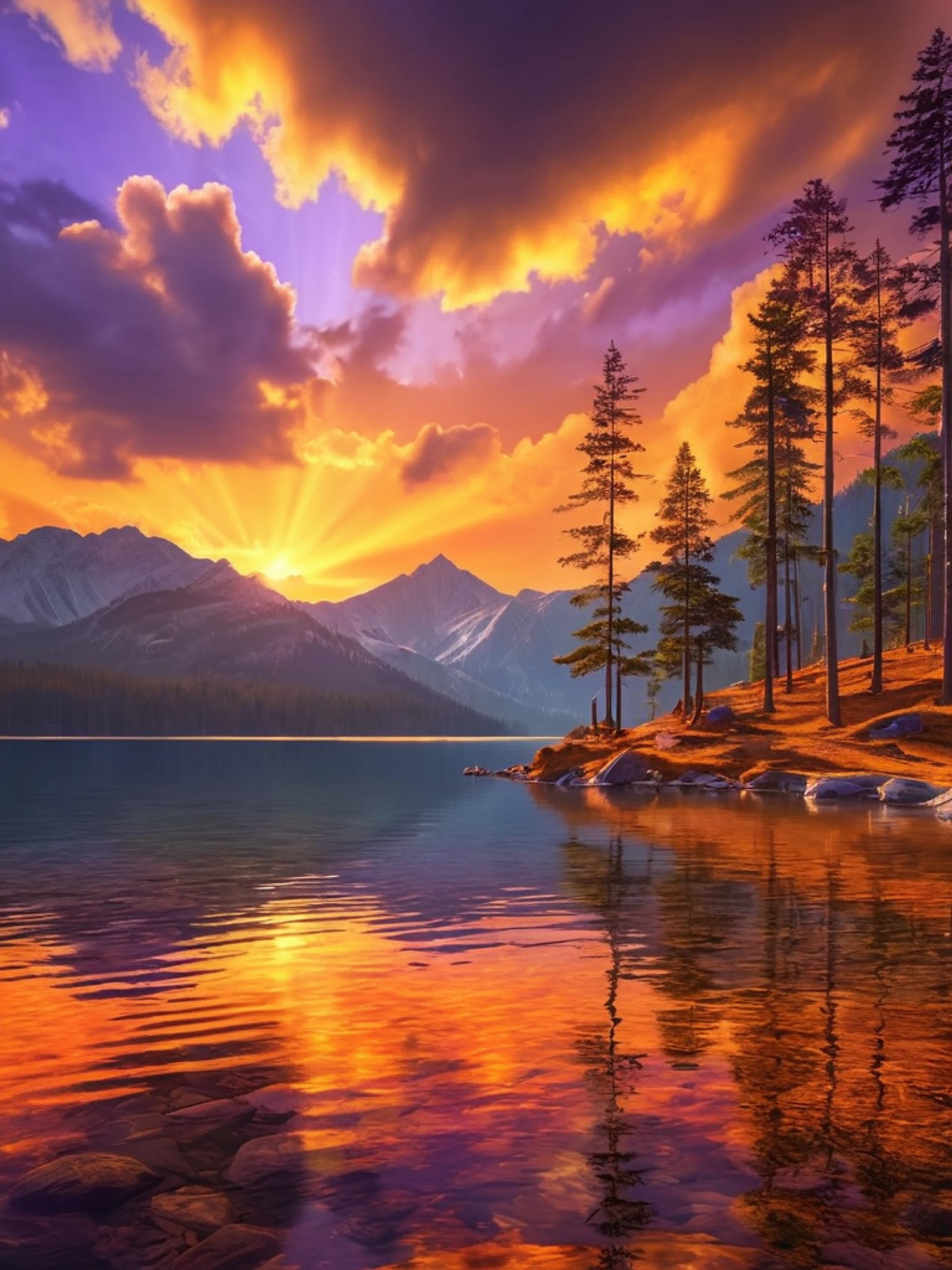 Golden Sunset Over Mountain Lake - free Tablet nature wallpaper for phone