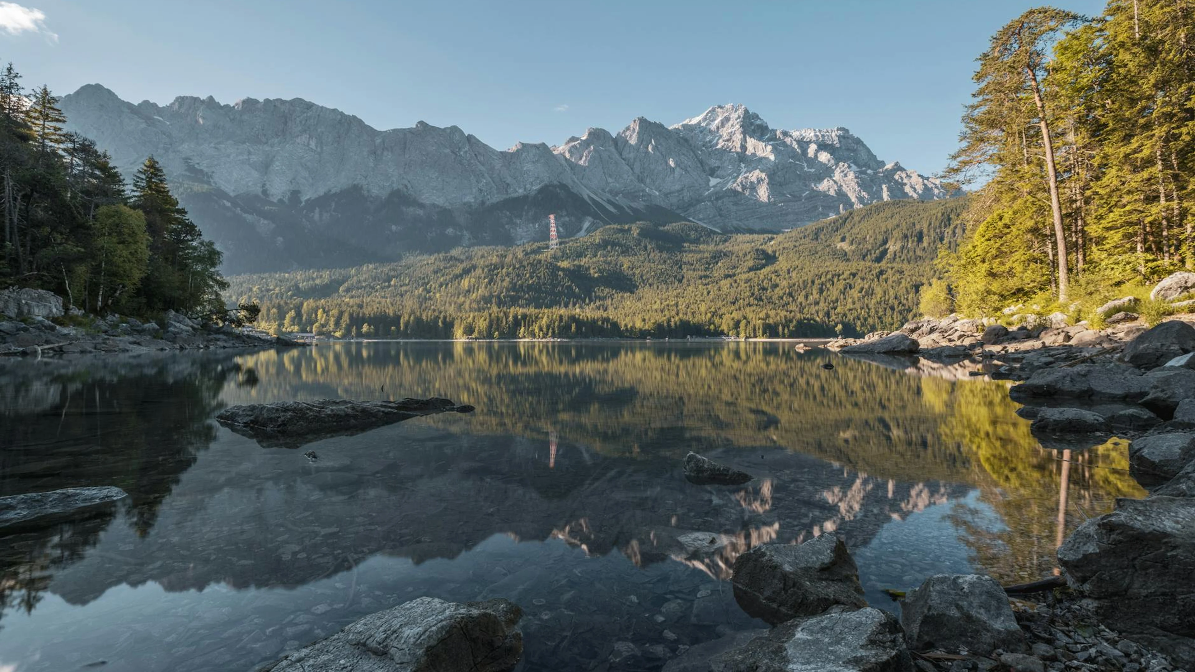Scenic view of Zugspitze and Eibsee with reflection amid nature. - free 4K Ultra HD nature wallpaper for desktop
