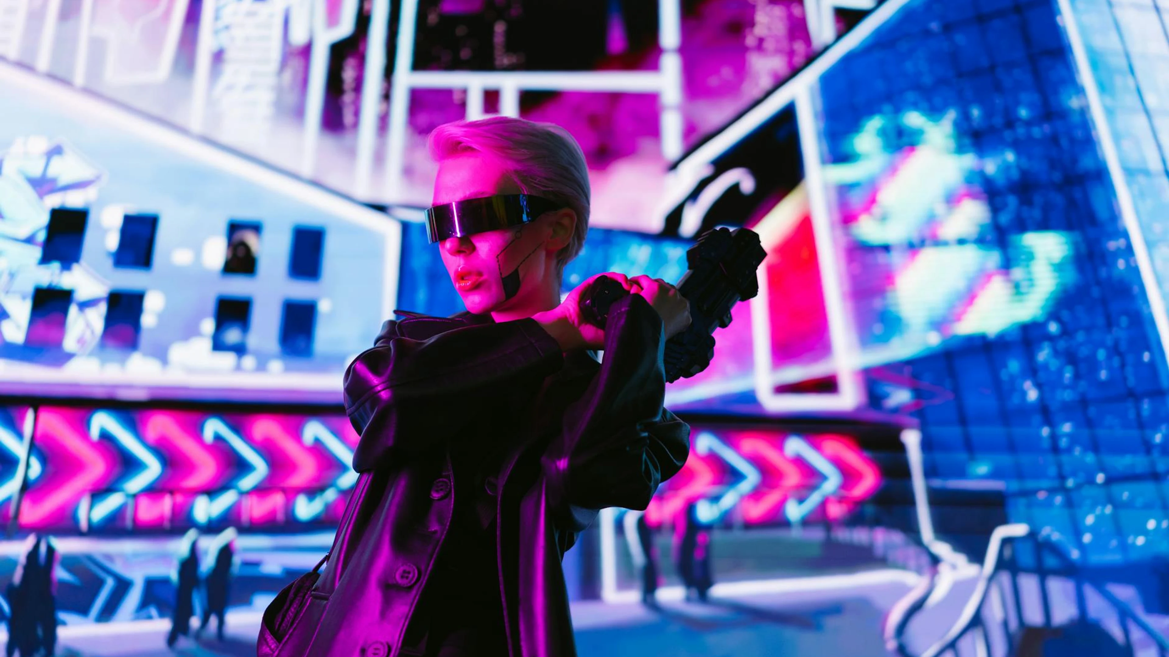 A woman in a futuristic setting wearing cyberpunk sunglasses holding a weapon. - free 4K Ultra HD neon wallpaper for desktop