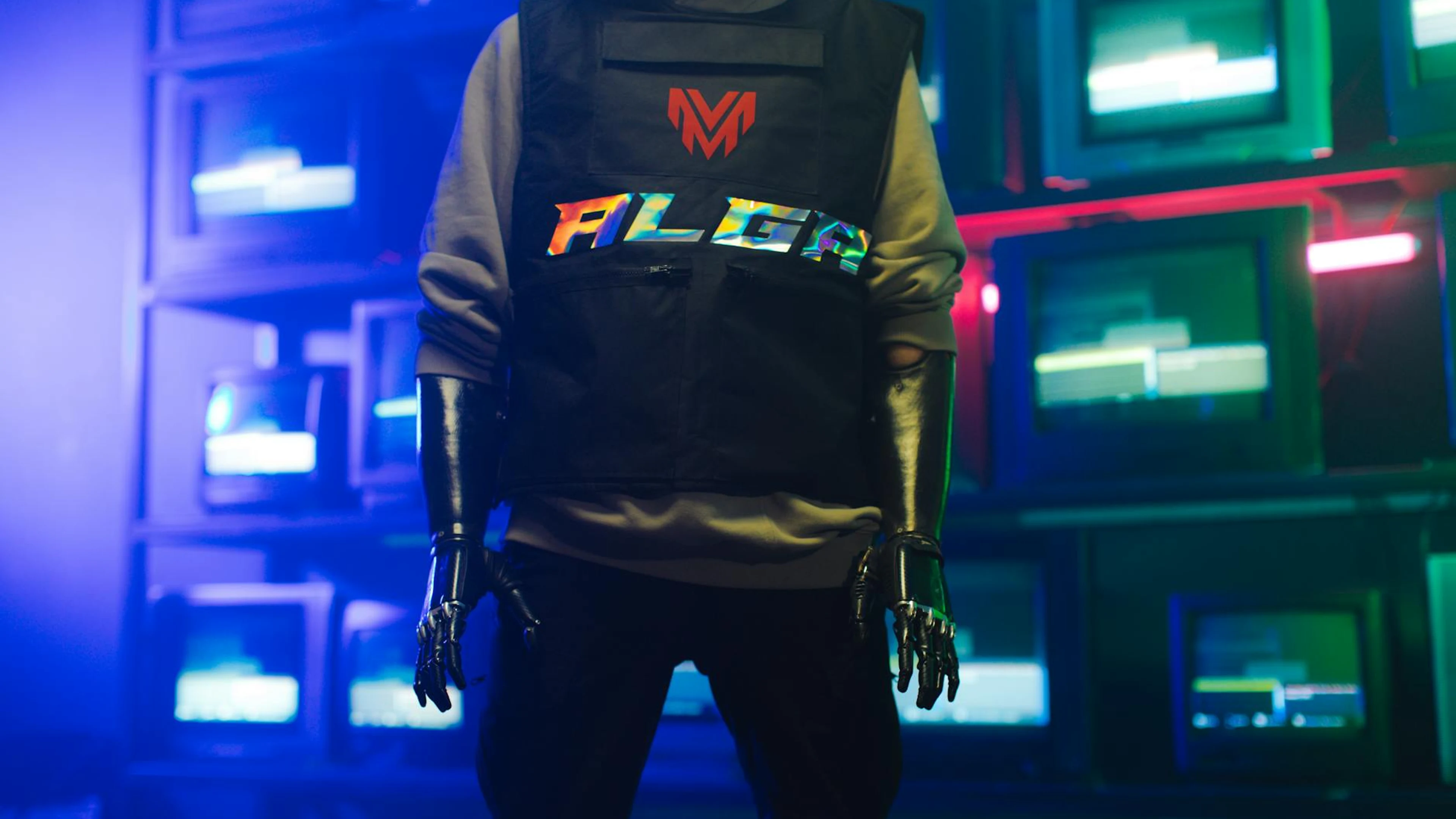 Explore cyberpunk fashion with robotic prosthetics amidst neon-lit, retro TVs. - free 4K Ultra HD neon wallpaper for desktop