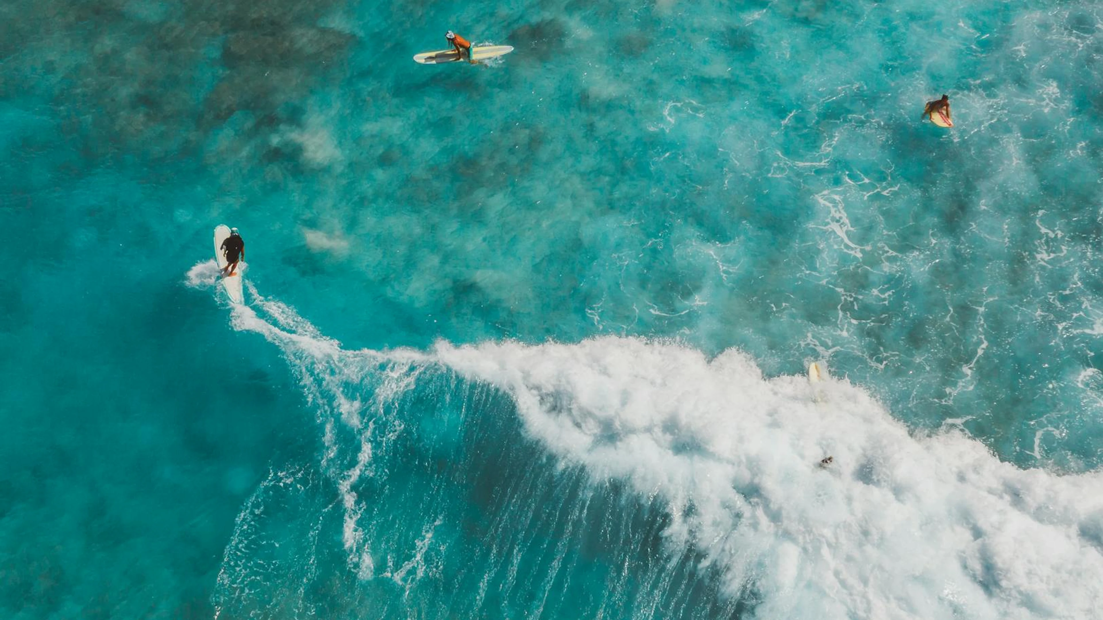 Breathtaking aerial shot of surfers riding waves in clear turquoise waters. A pe - free 4K Ultra HD ocean wallpaper for desktop