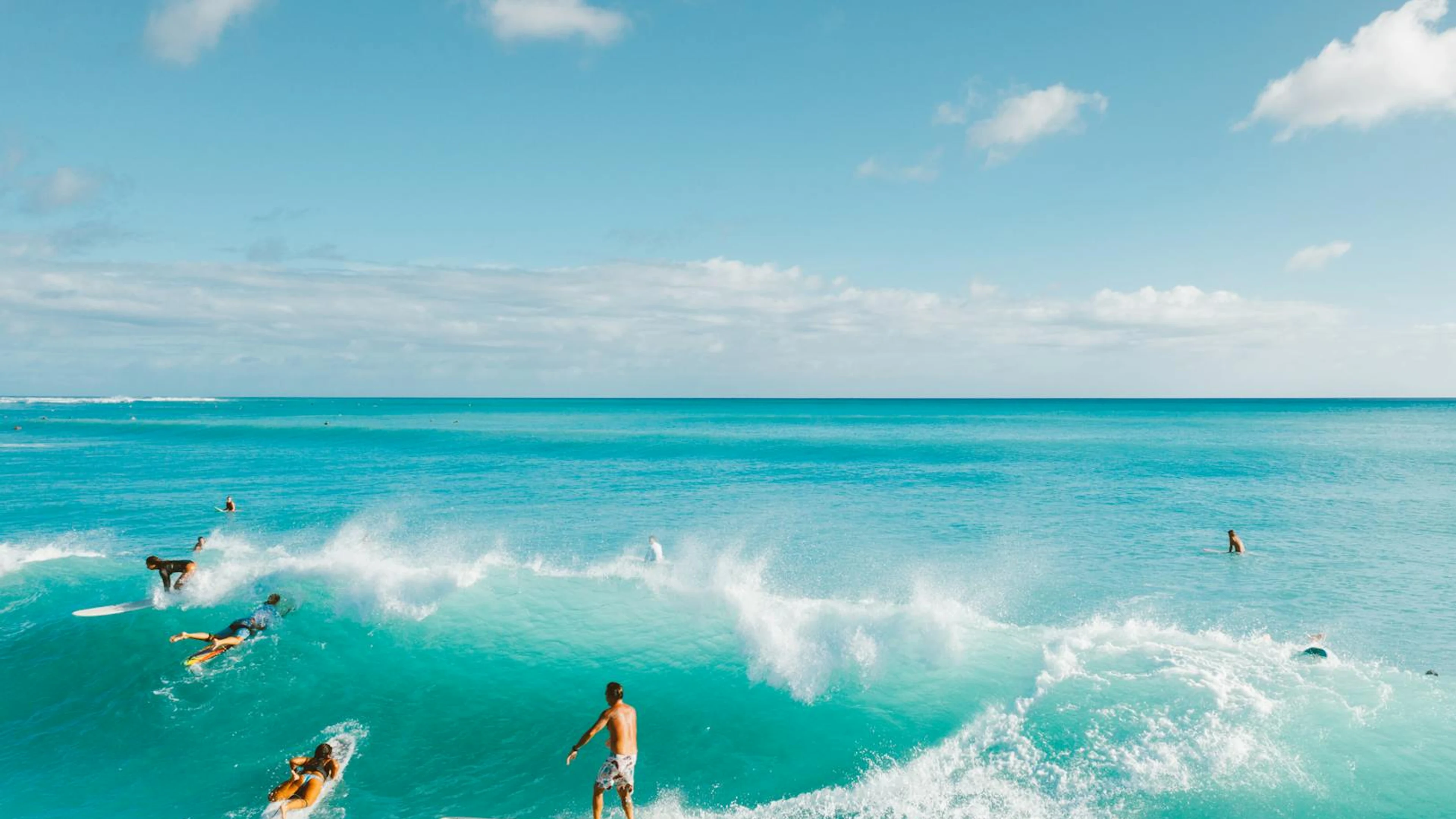 Surfers riding vibrant waves in a turquoise ocean under a sunny sky, capturing t - free 4K Ultra HD ocean wallpaper for desktop