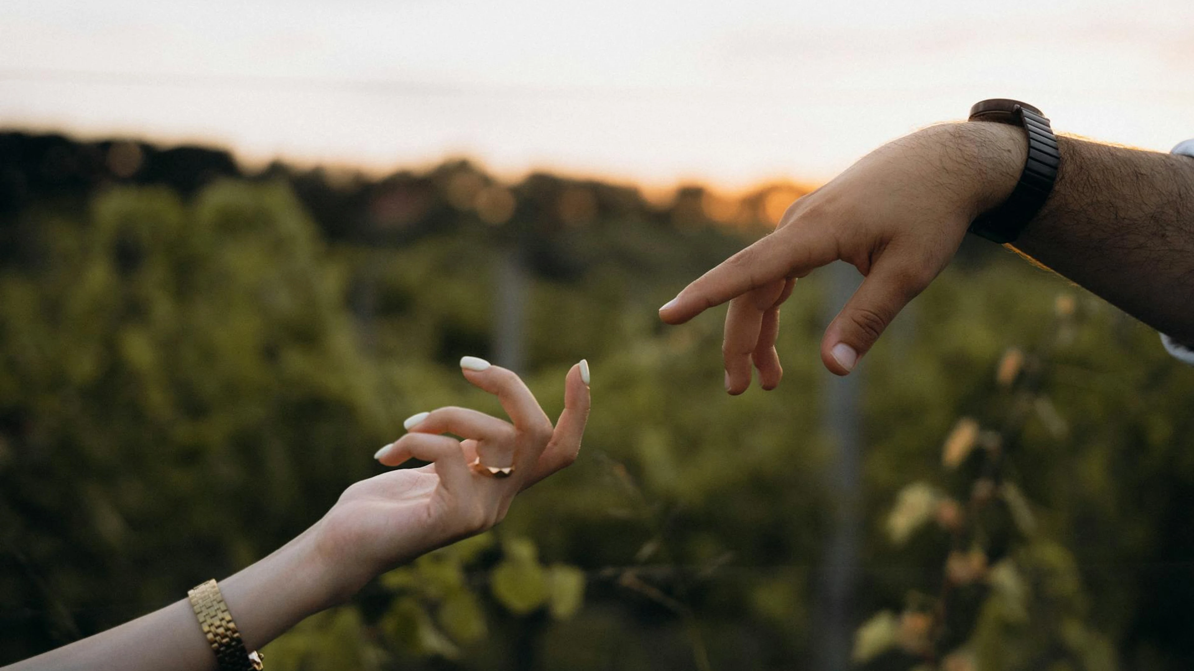Close-up of two hands reaching out against a lush outdoor background during suns - free 4K Ultra HD sunset wallpaper for desktop